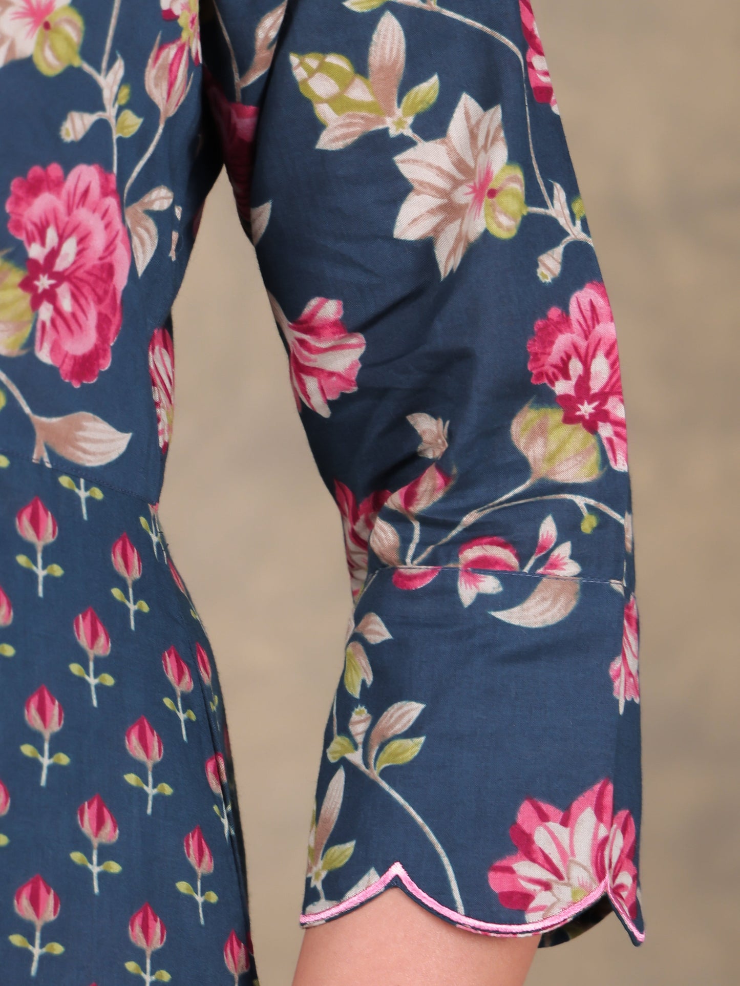 Embroidered Soft Cotton Floral Tiered Navy Blue Dress