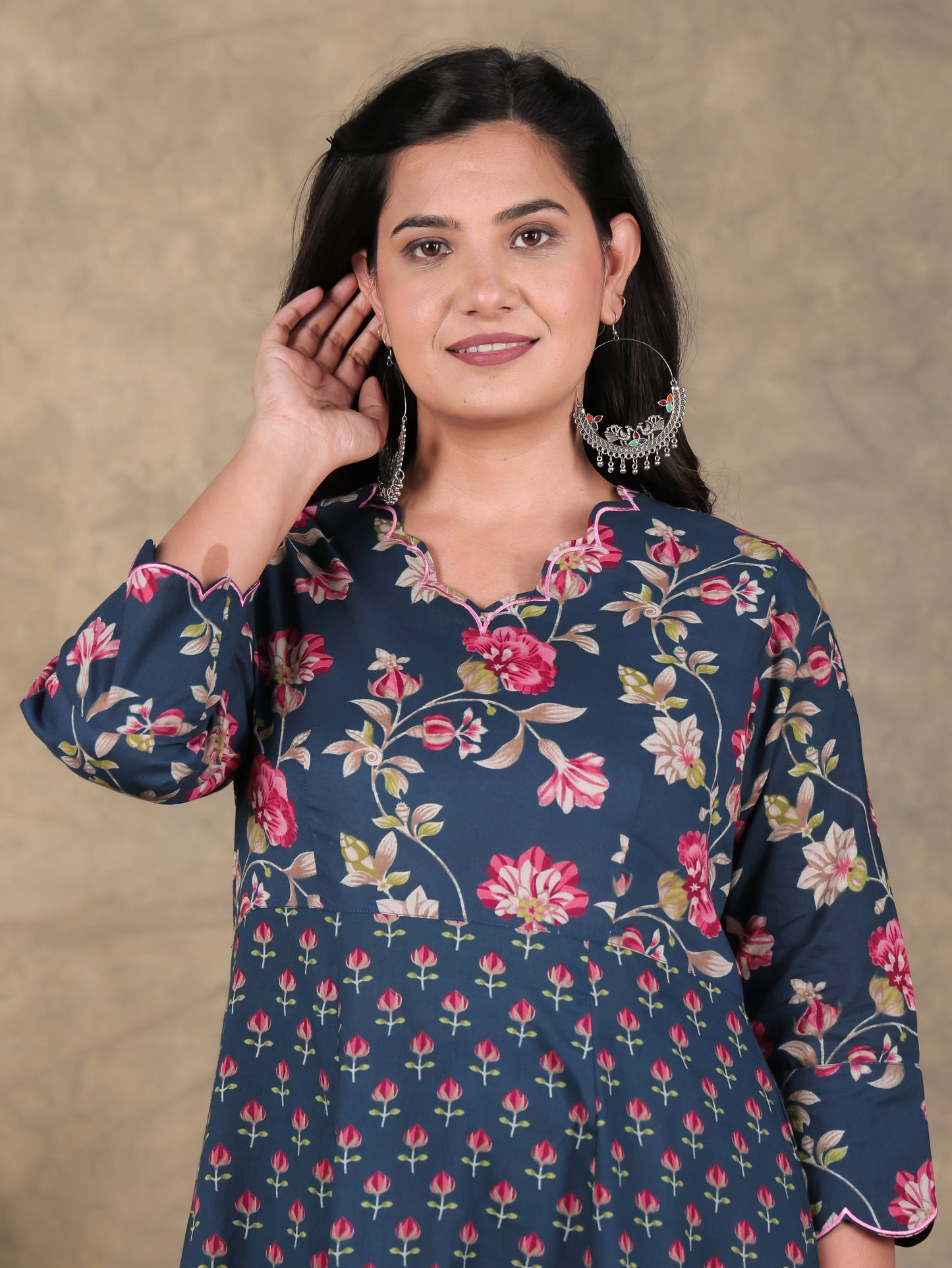 Embroidered Soft Cotton Floral Tiered Navy Blue Dress