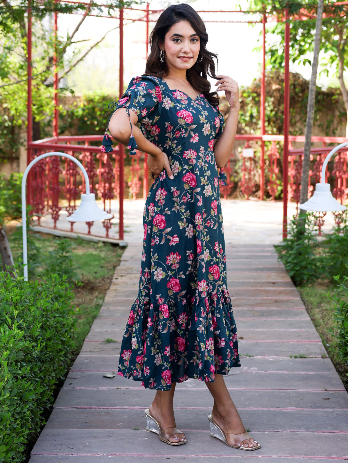 Soft Cotton Floral Flared Green Dress