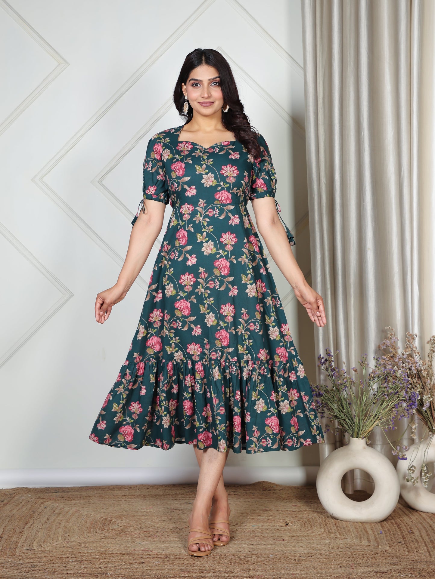 Soft Cotton Floral Flared Green Dress