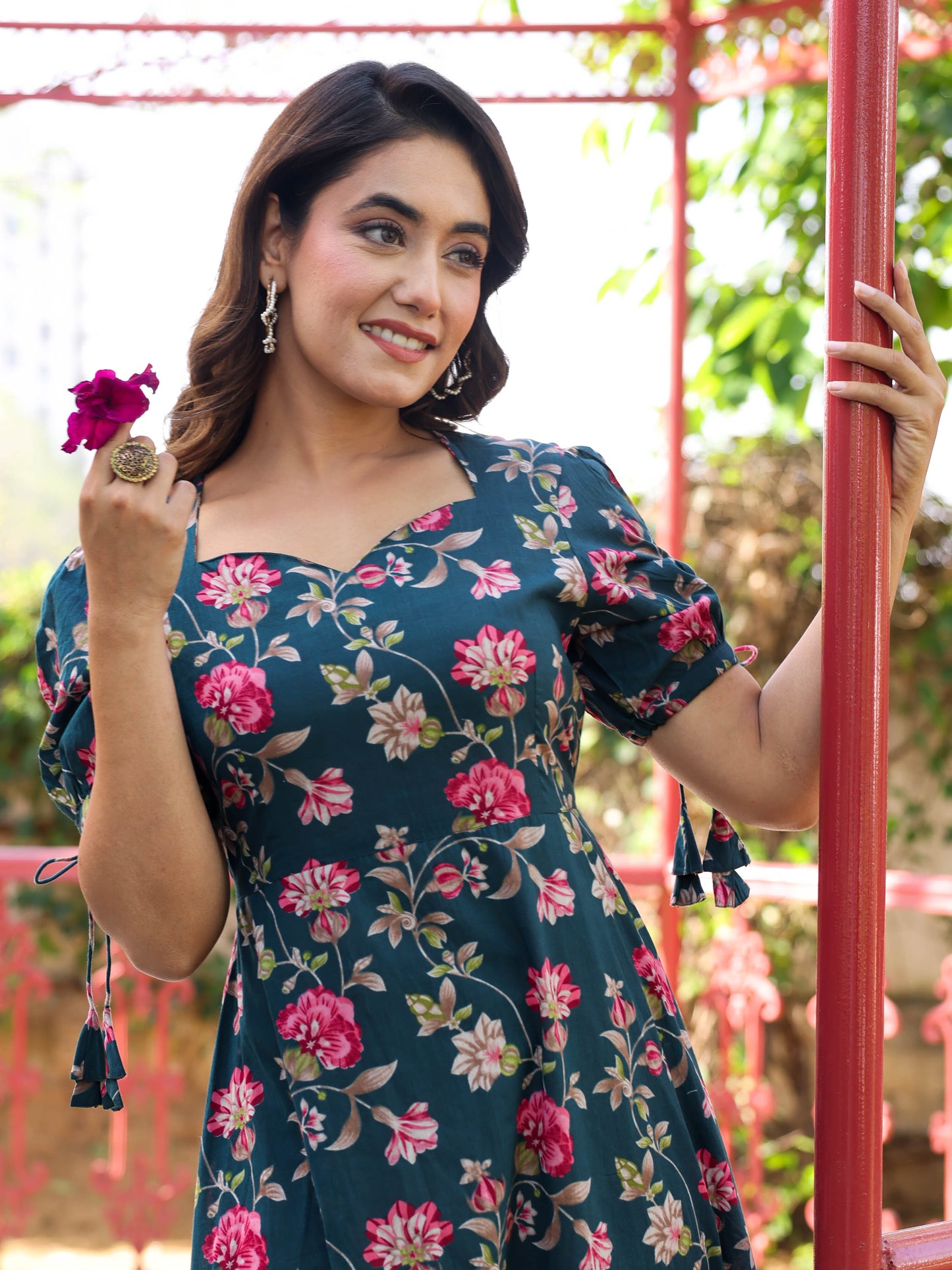 Soft Cotton Floral Flared Green Dress