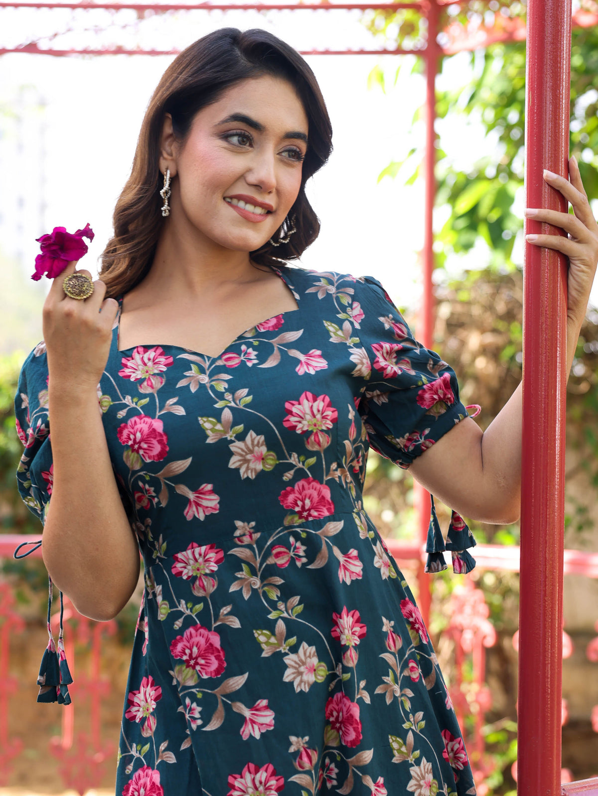 Soft Cotton Floral Flared Green Dress