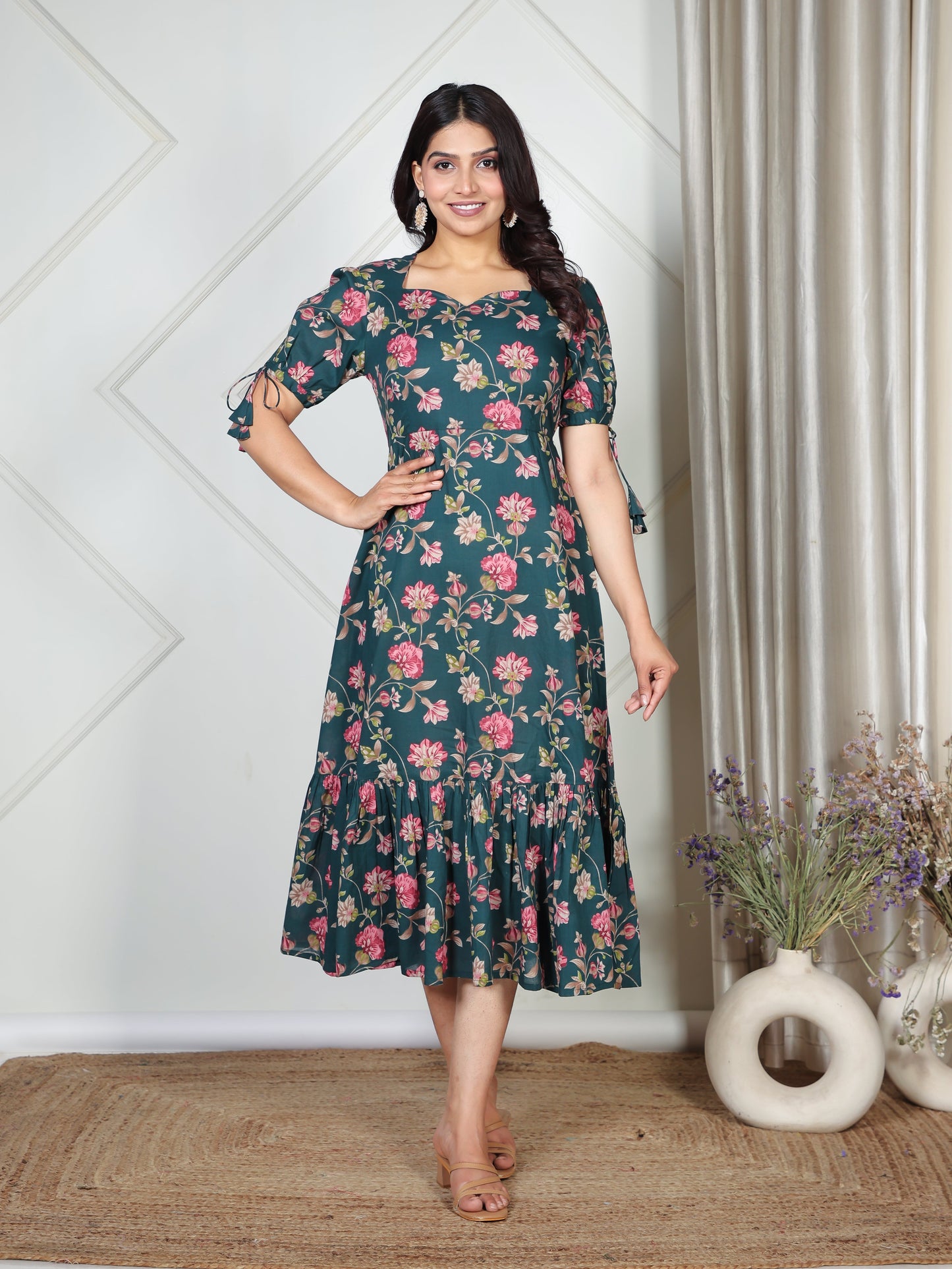 Soft Cotton Floral Flared Green Dress