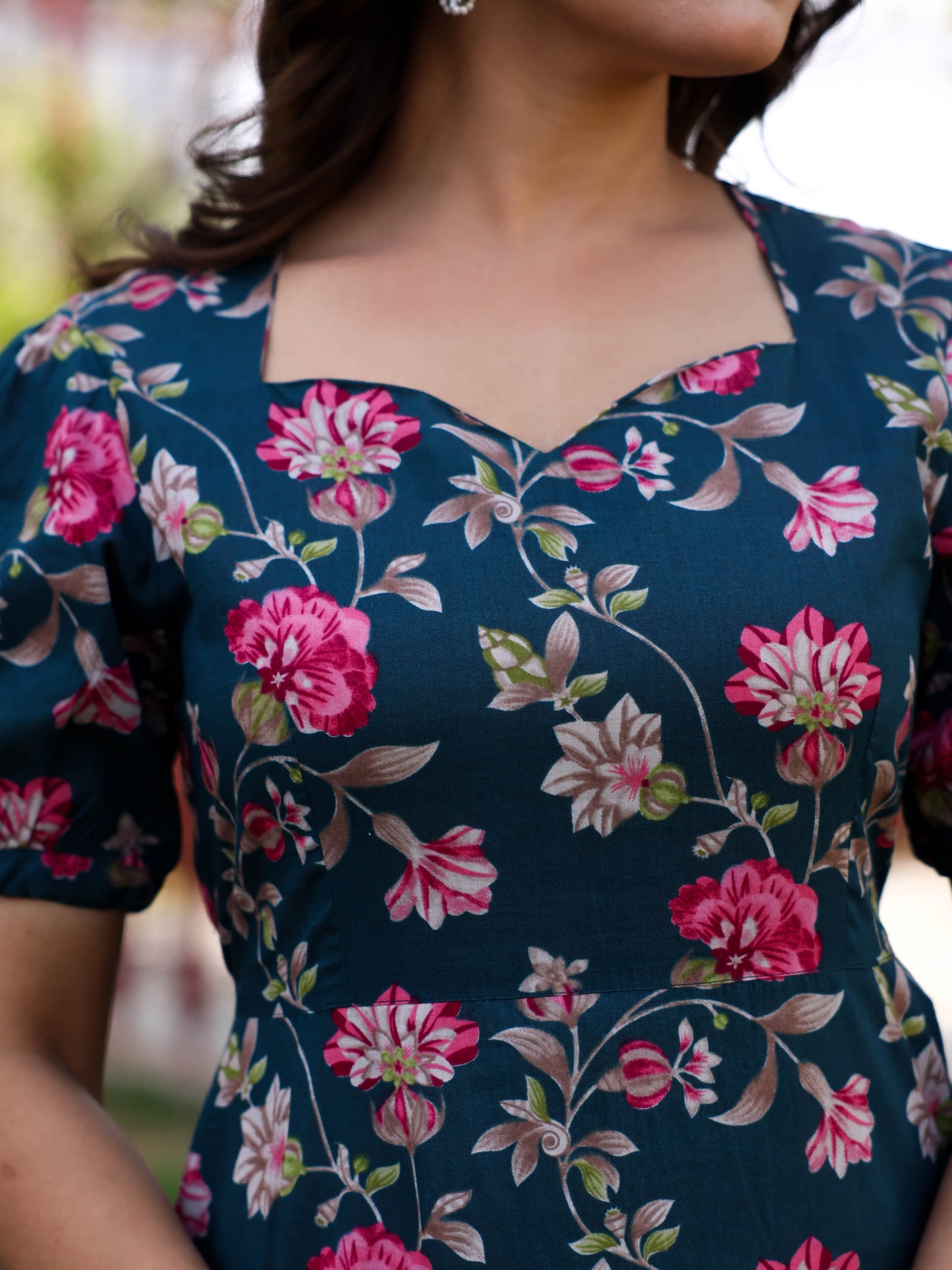 Soft Cotton Floral Flared Green Dress