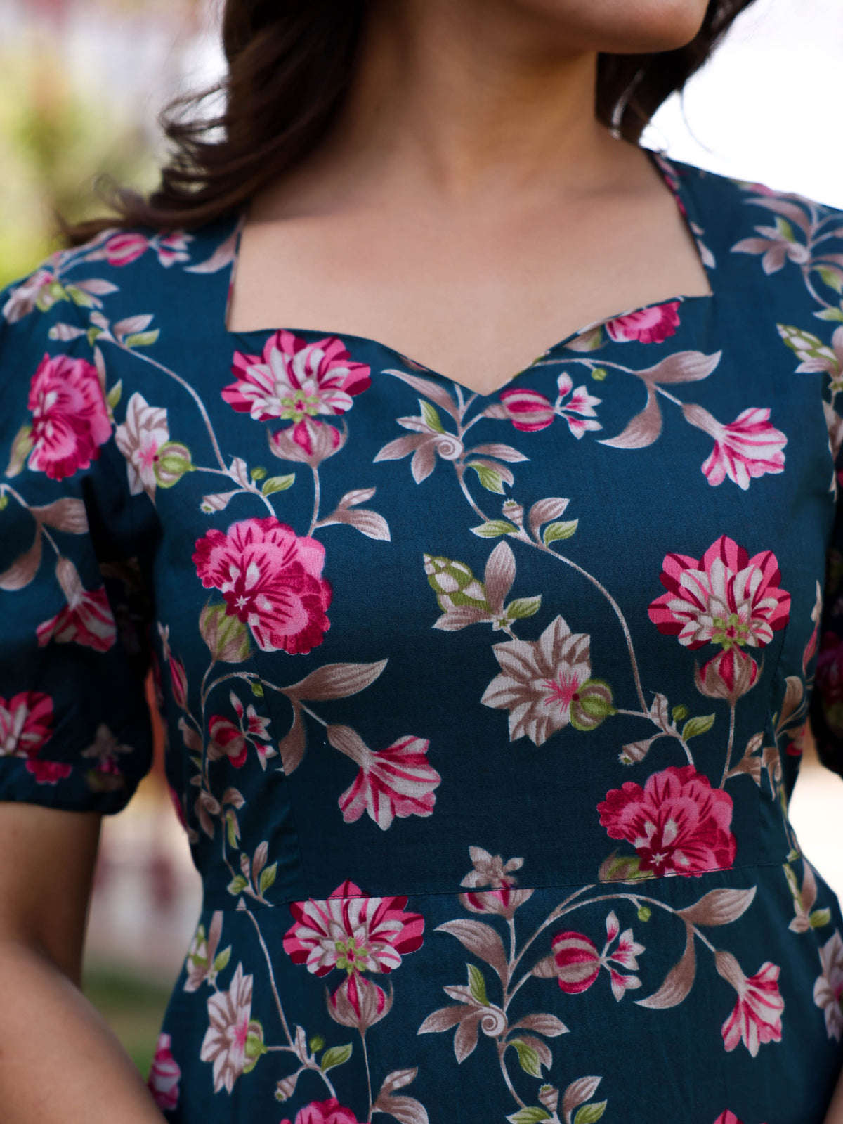 Soft Cotton Floral Flared Green Dress