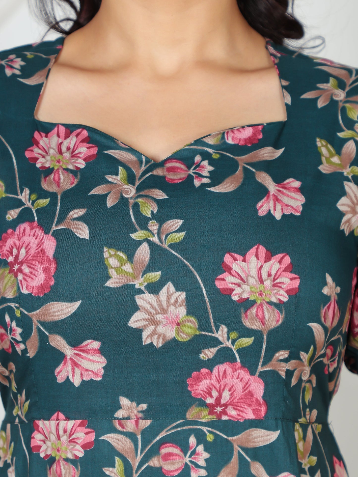 Soft Cotton Floral Flared Green Dress