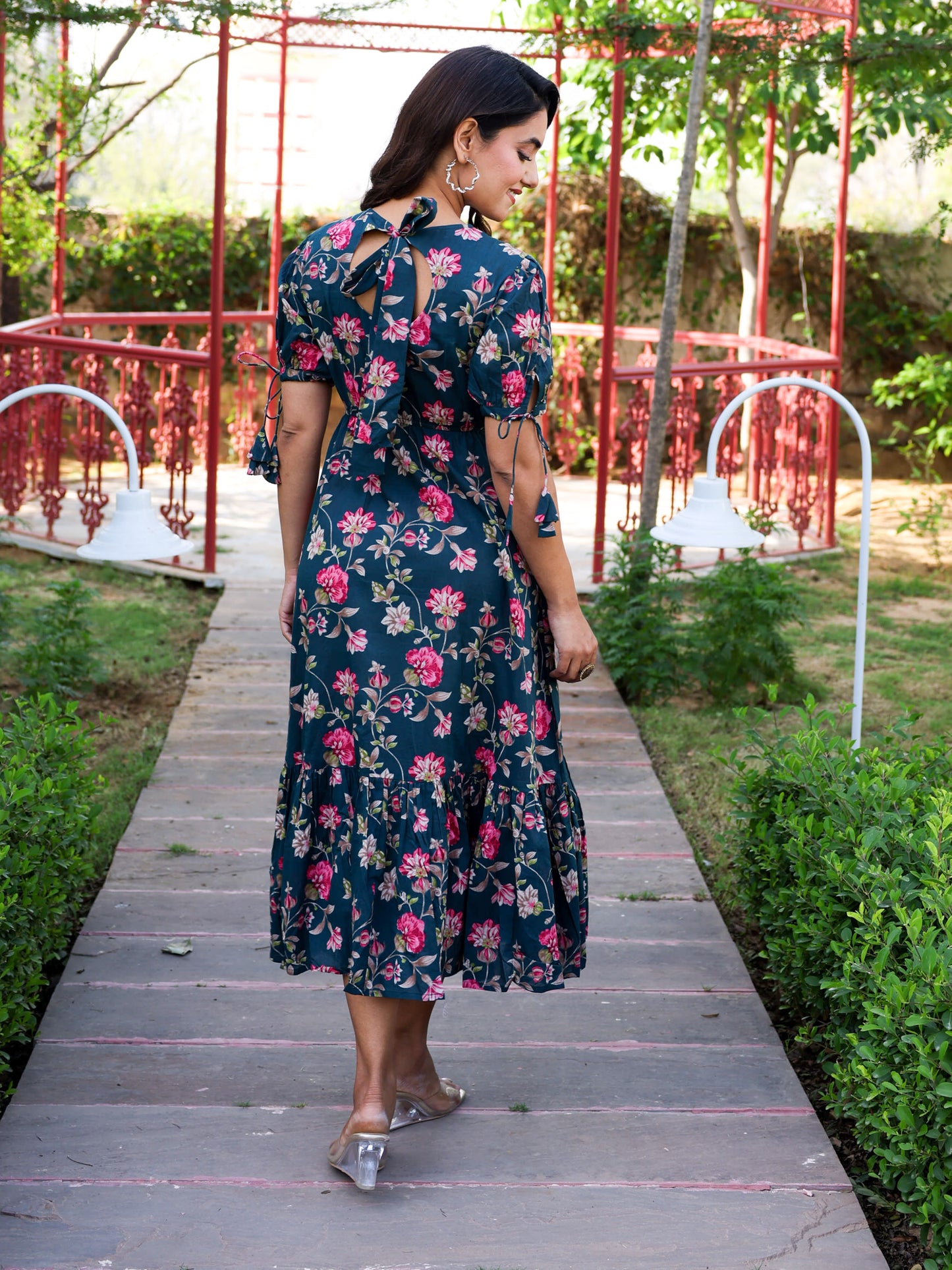 Soft Cotton Floral Flared Green Dress
