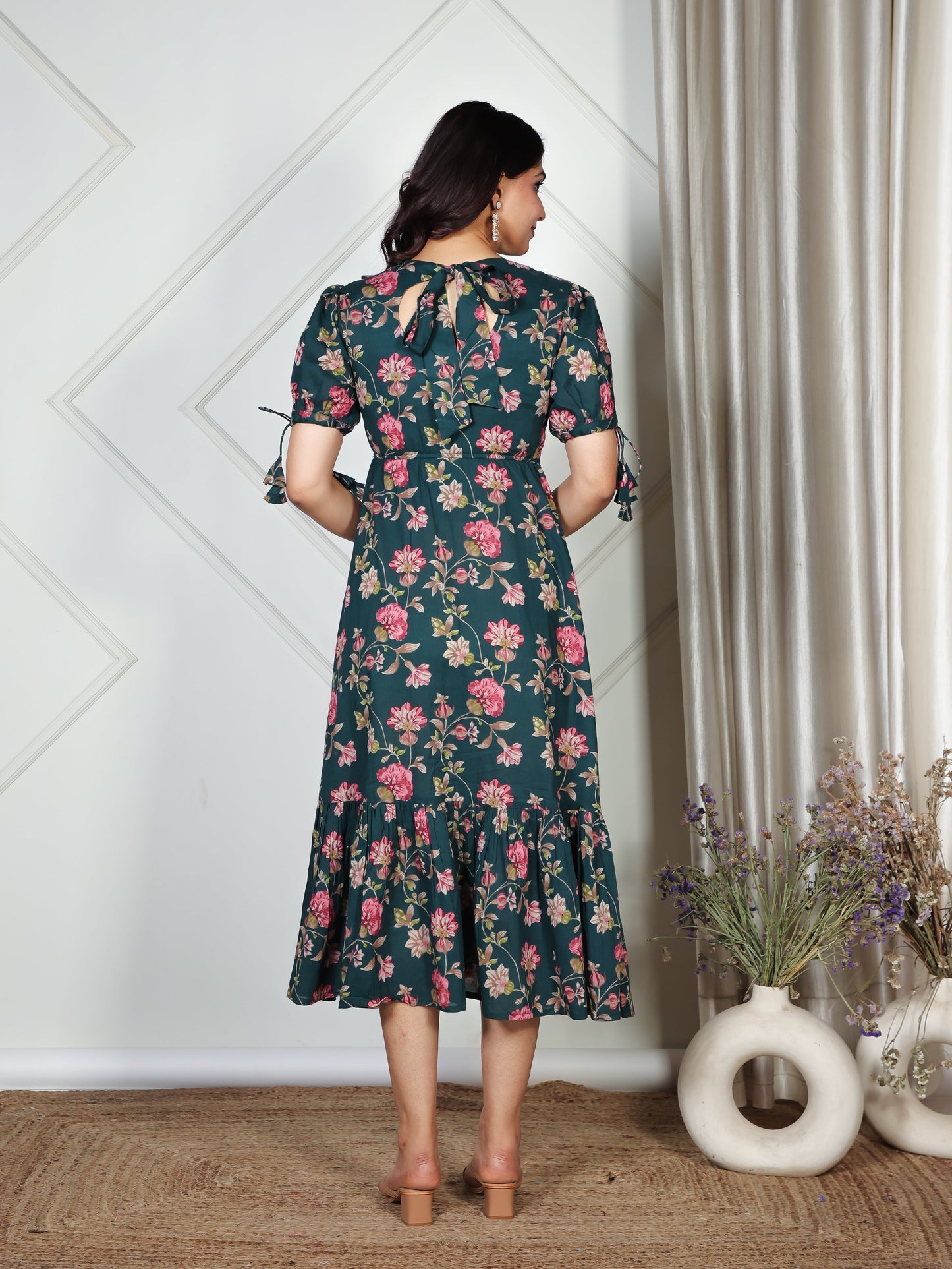 Soft Cotton Floral Flared Green Dress