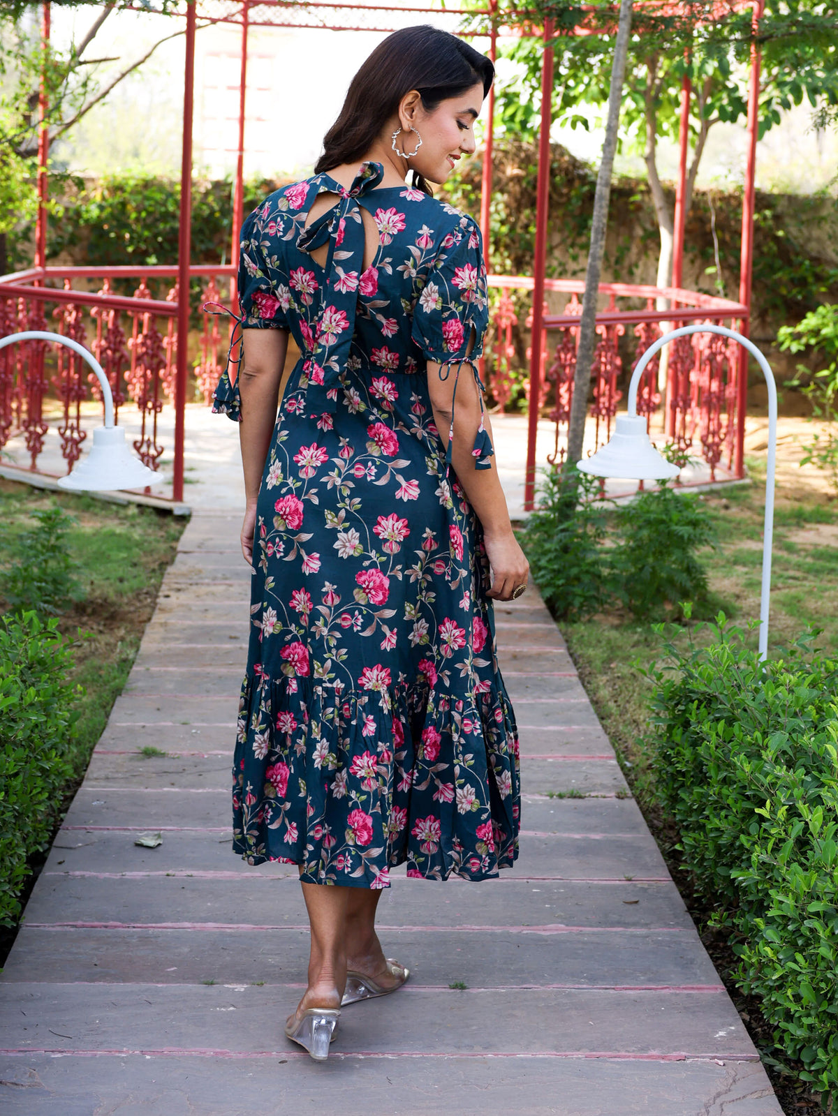 Soft Cotton Floral Flared Green Dress