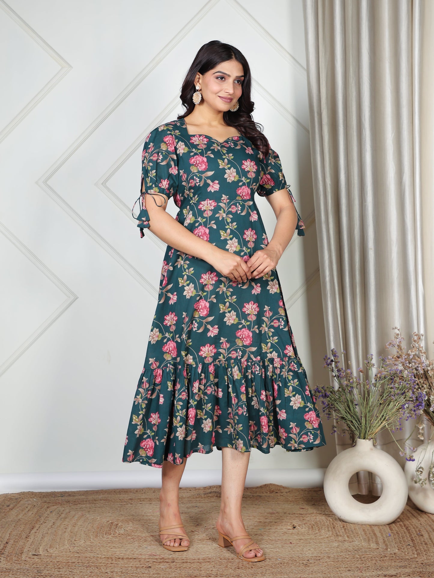Soft Cotton Floral Flared Green Dress