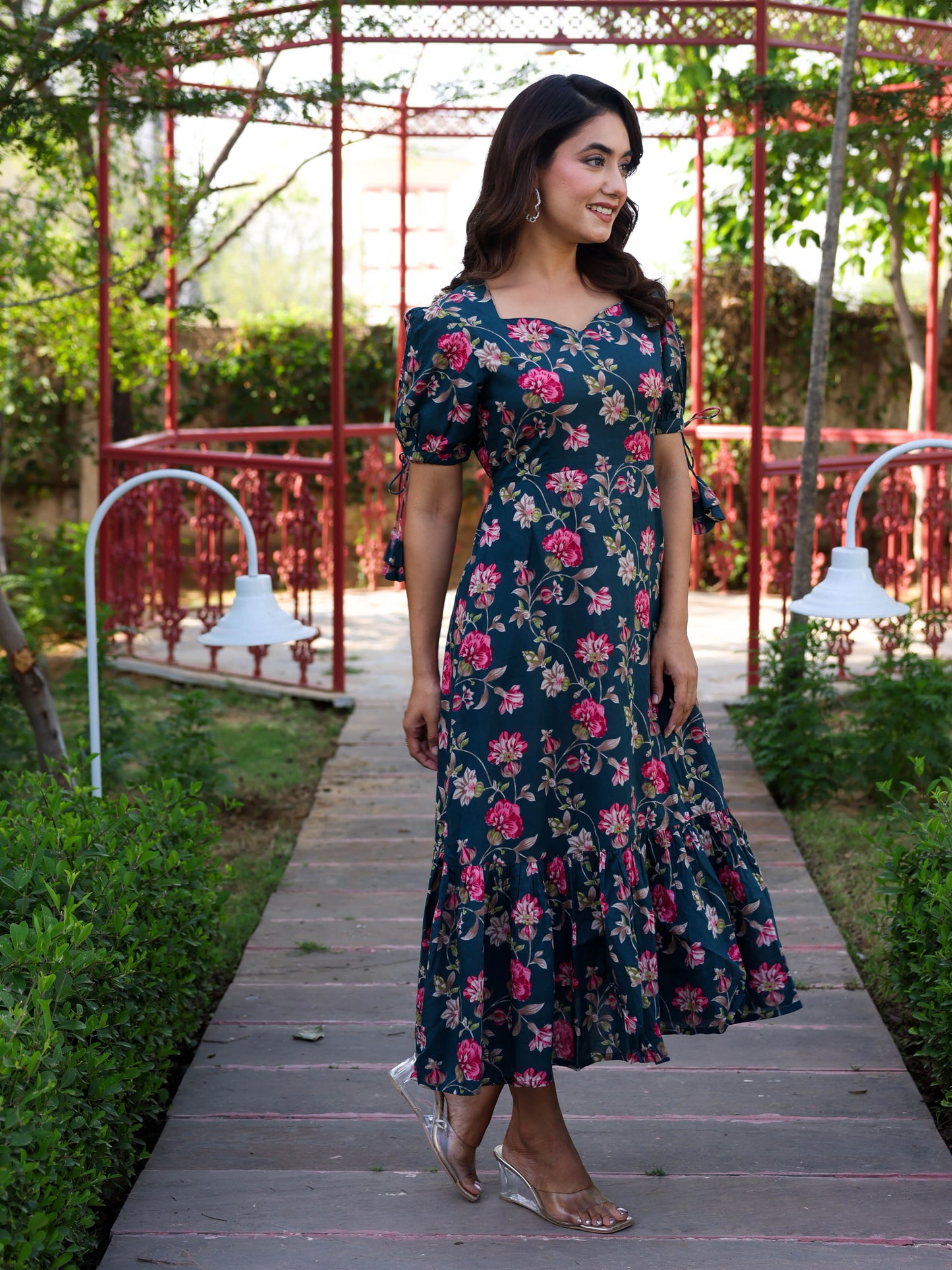 Soft Cotton Floral Flared Green Dress