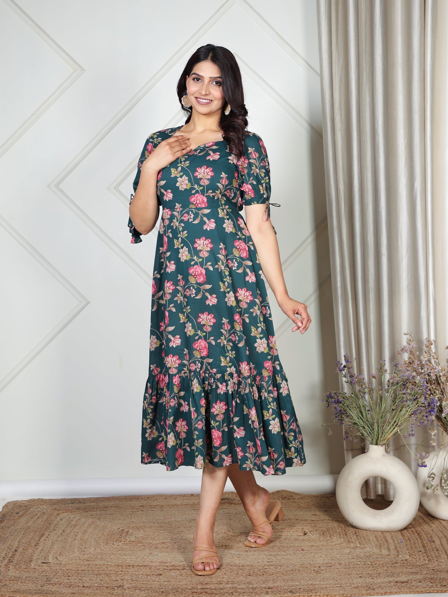 Soft Cotton Floral Flared Green Dress