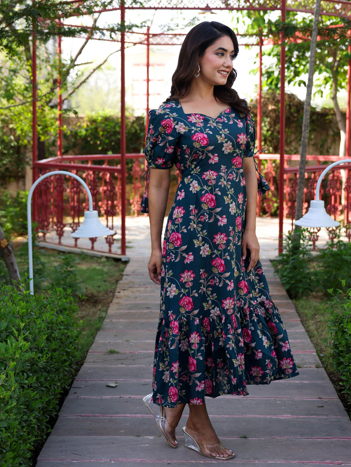 Soft Cotton Floral Flared Green Dress