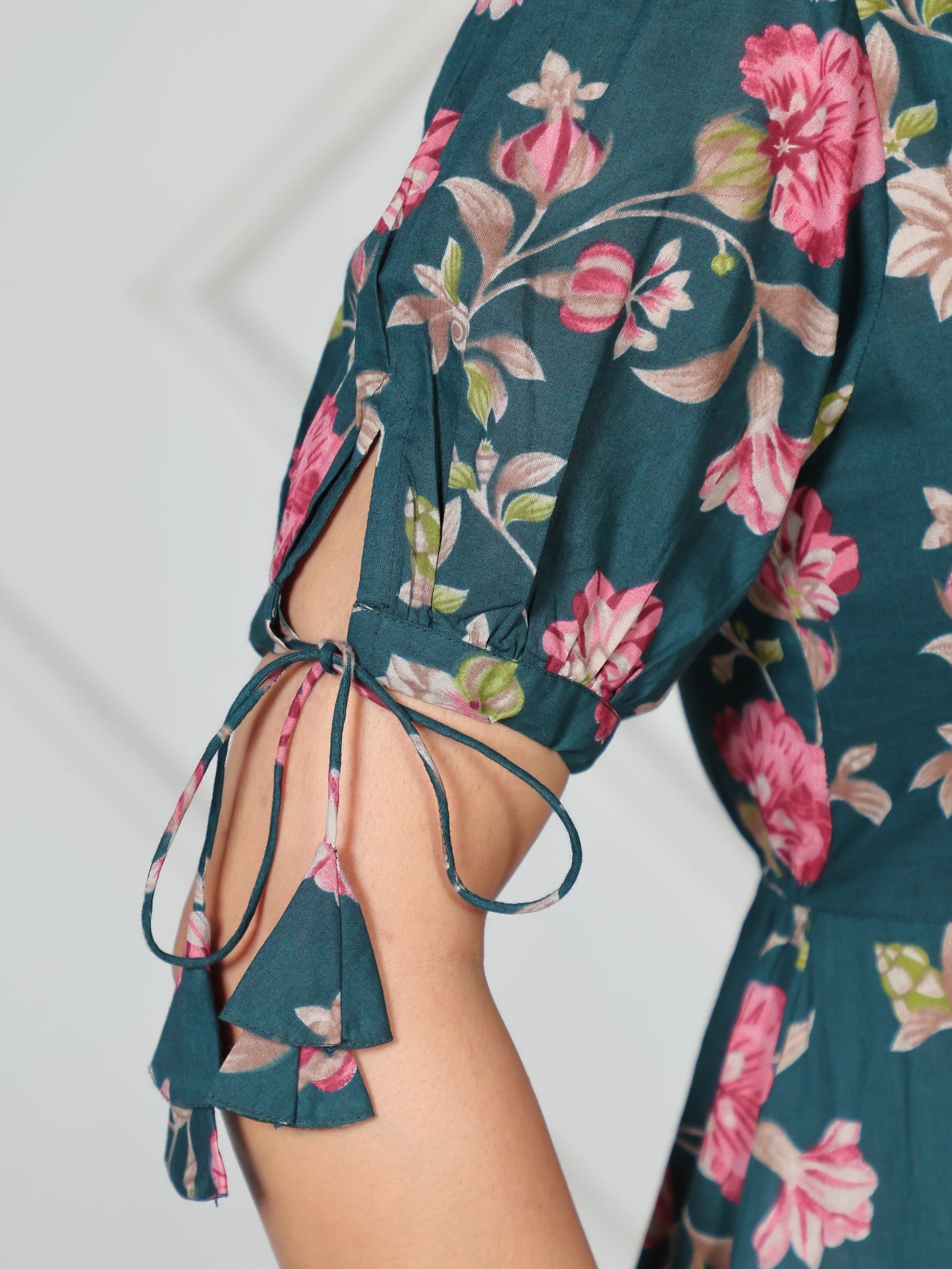 Soft Cotton Floral Flared Green Dress