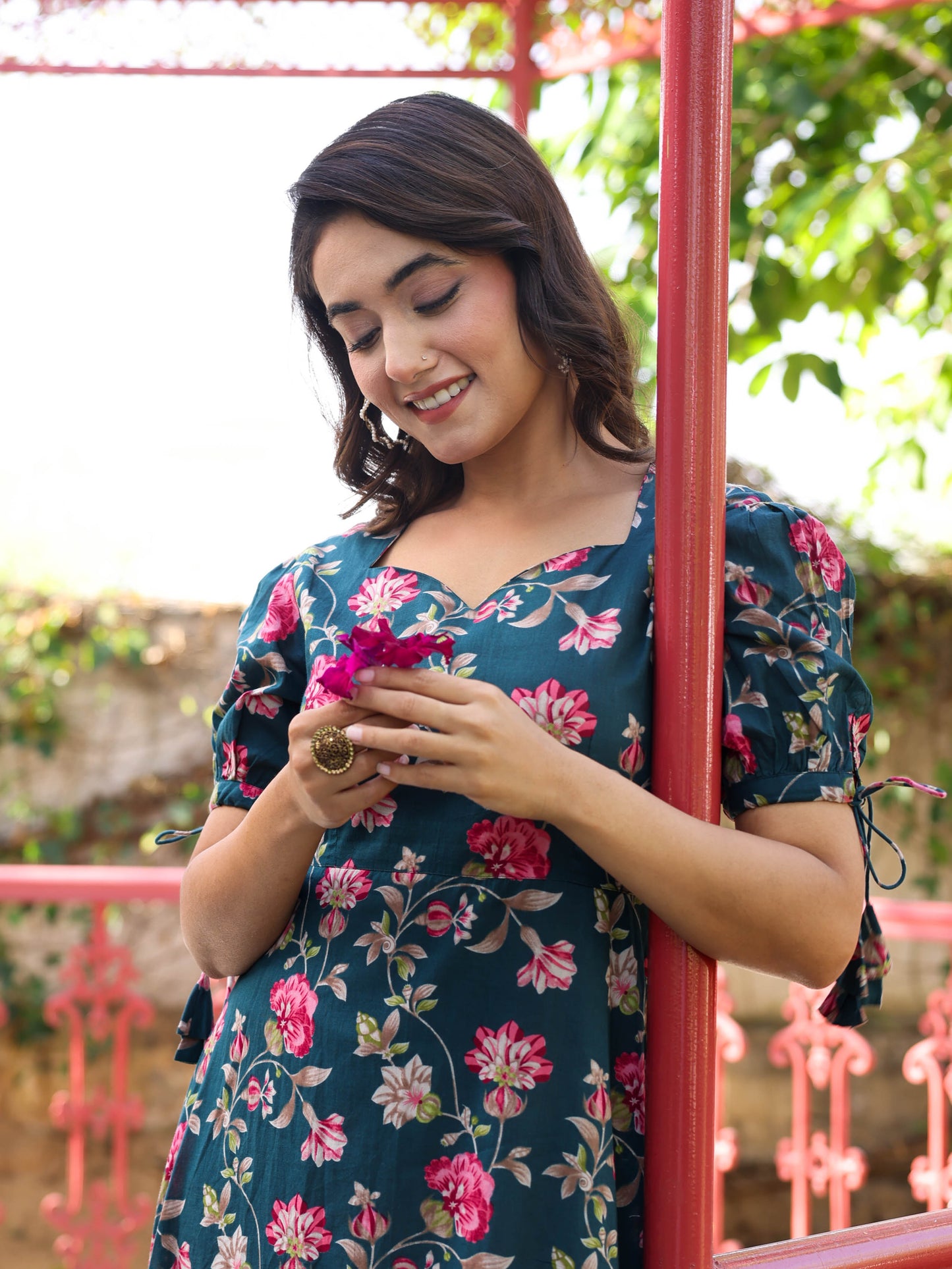 Soft Cotton Floral Flared Green Dress
