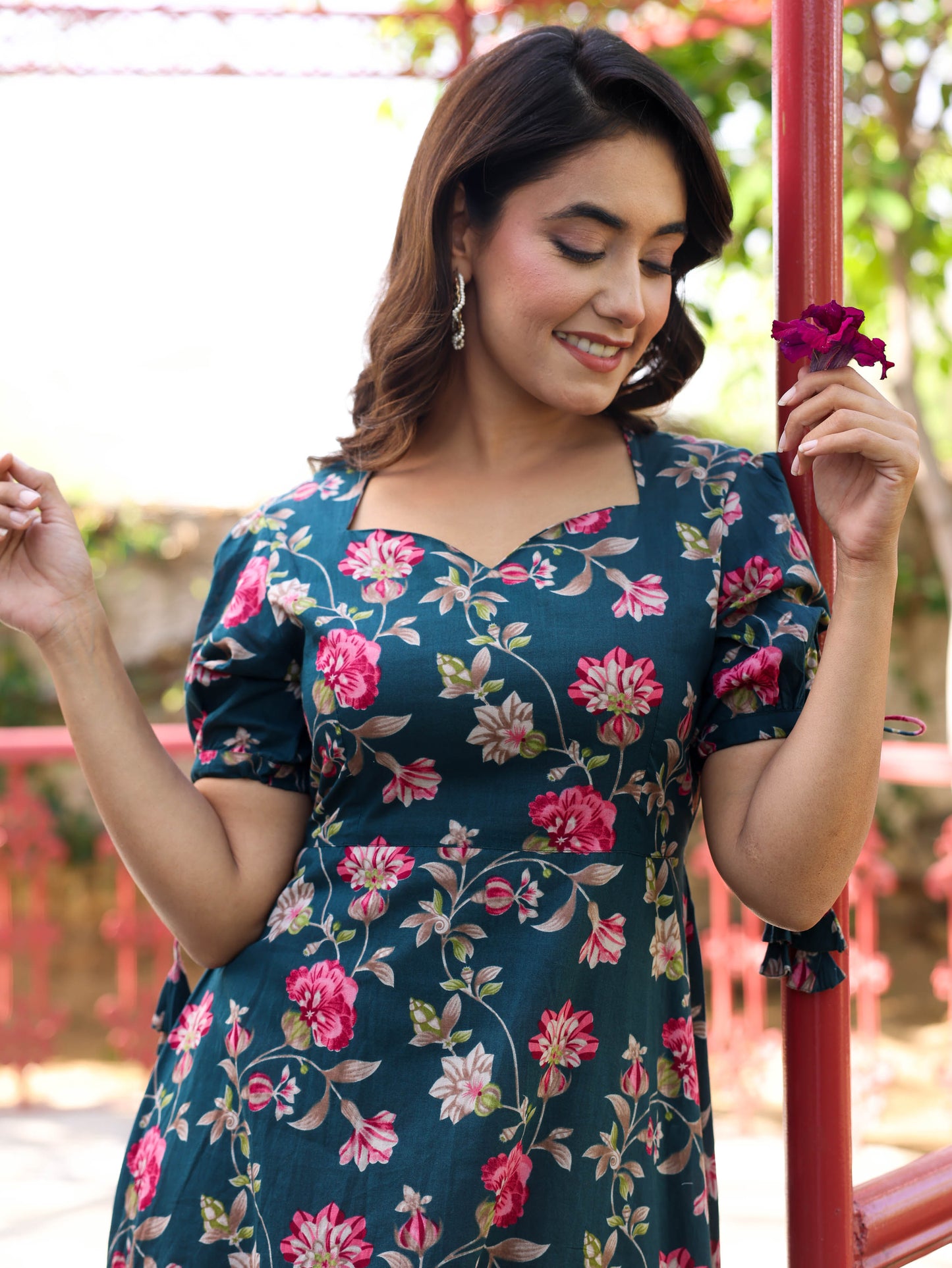 Soft Cotton Floral Flared Green Dress