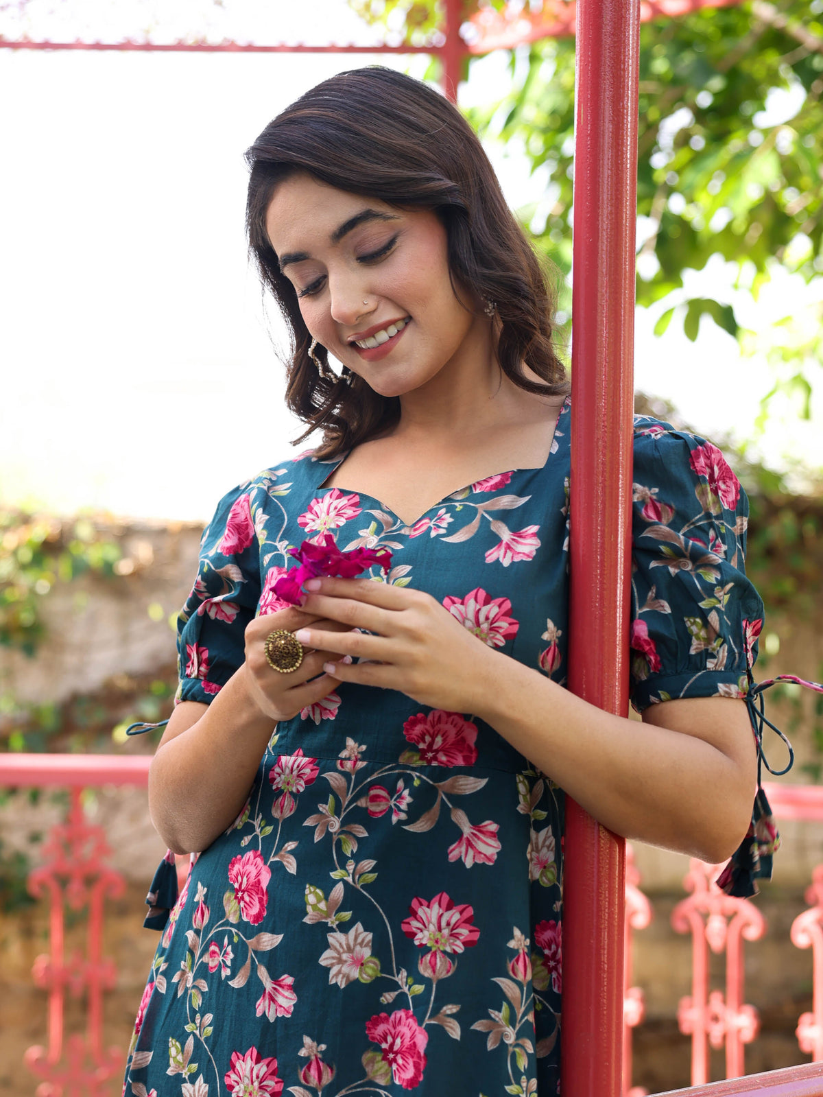 Soft Cotton Floral Flared Green Dress