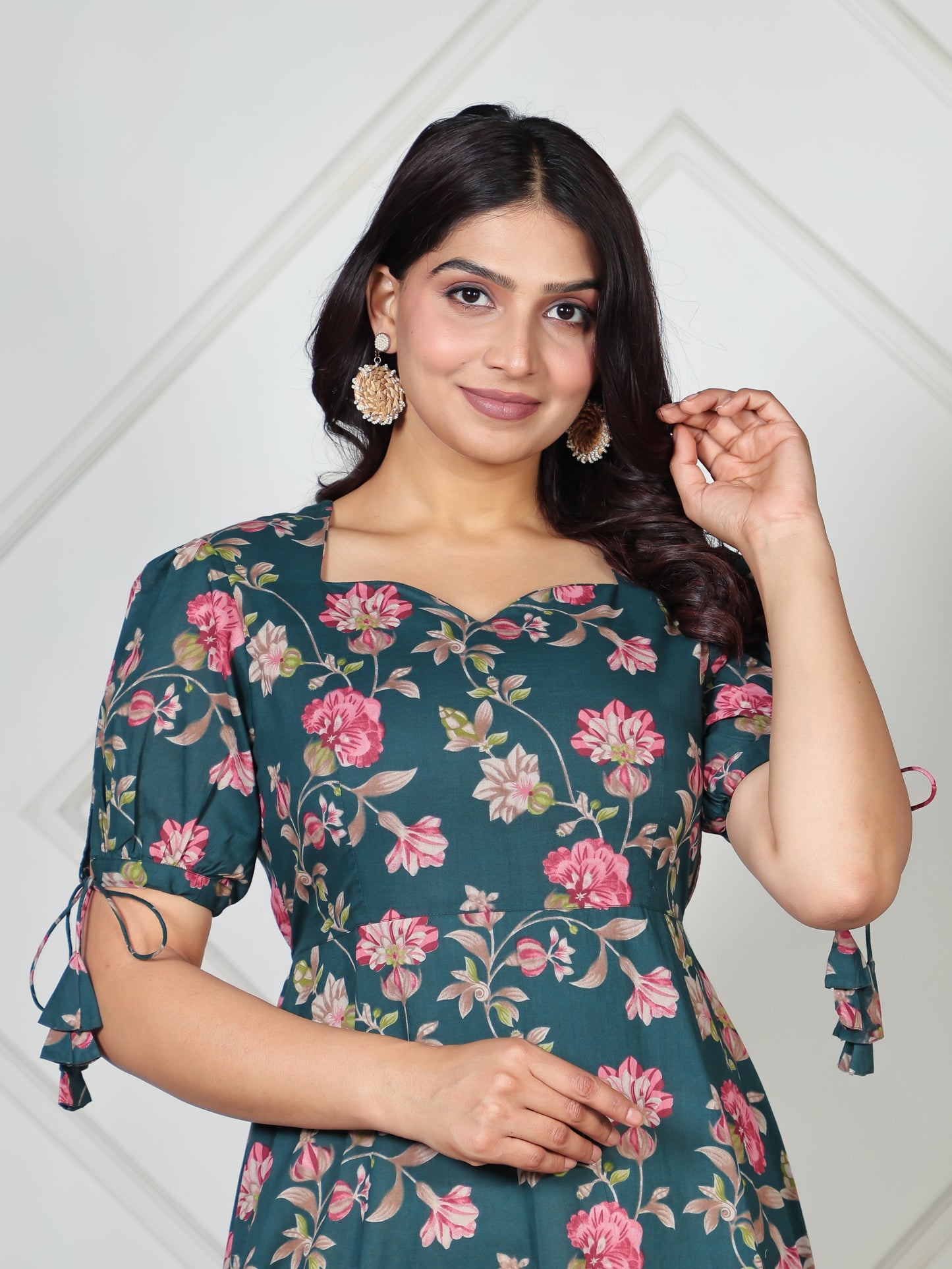 Soft Cotton Floral Flared Green Dress