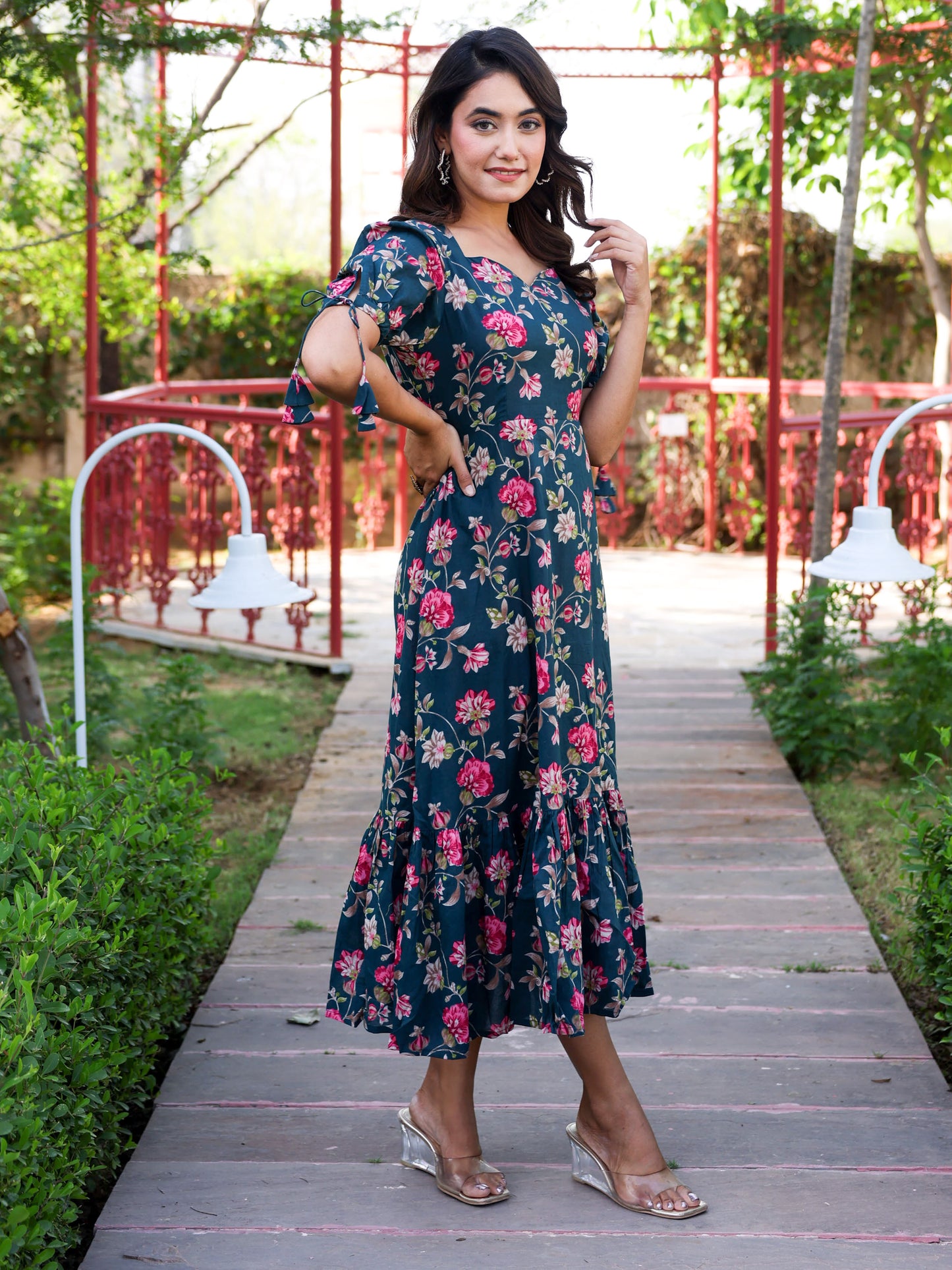 Soft Cotton Floral Flared Green Dress