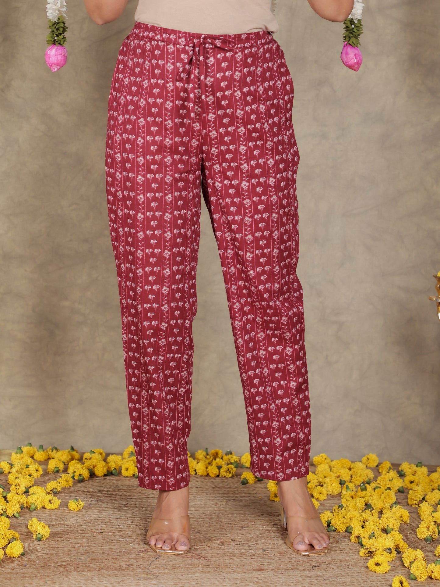 Soft Cotton Floral Red Tapered Trousers