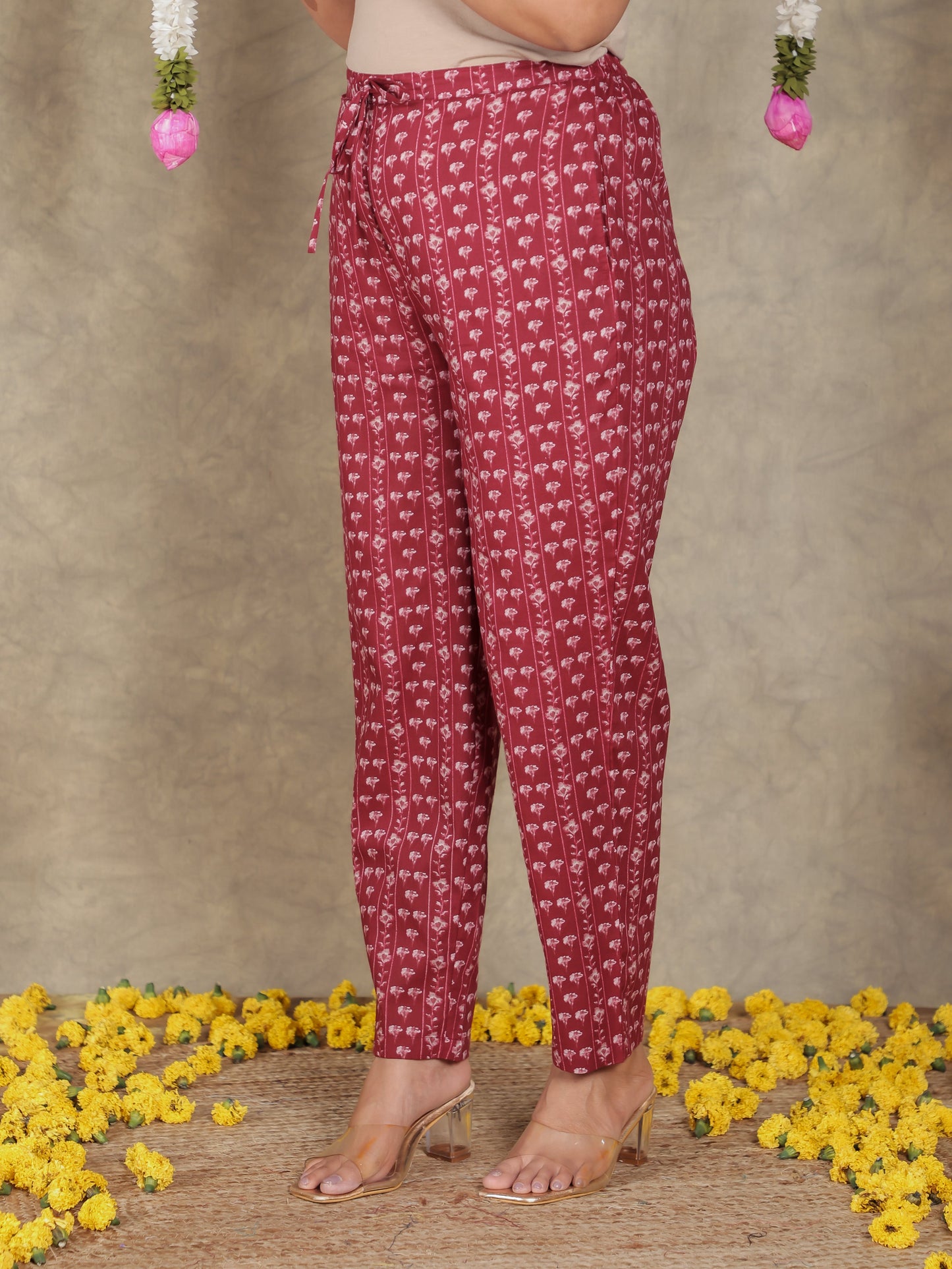 Soft Cotton Floral Red Tapered Trousers