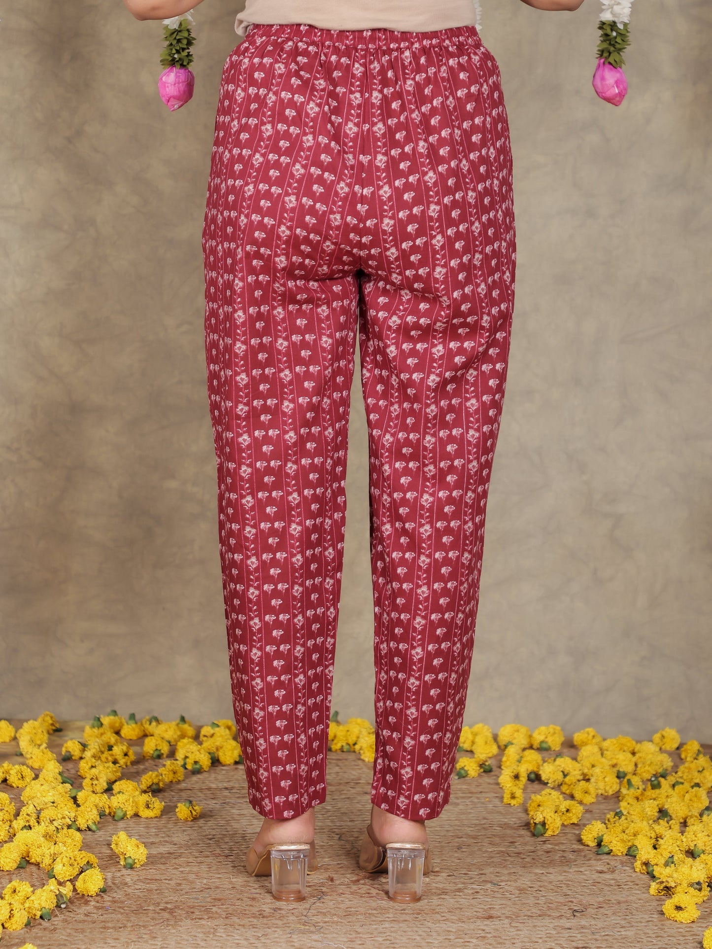 Soft Cotton Floral Red Tapered Trousers