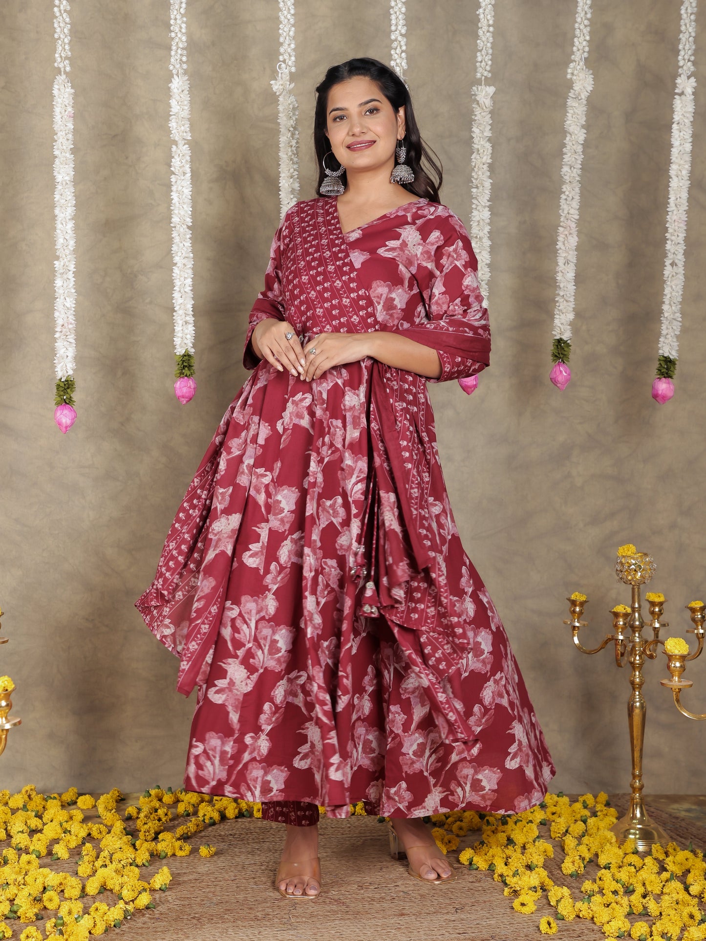 Soft Cotton Floral Angrakha Red Kurta