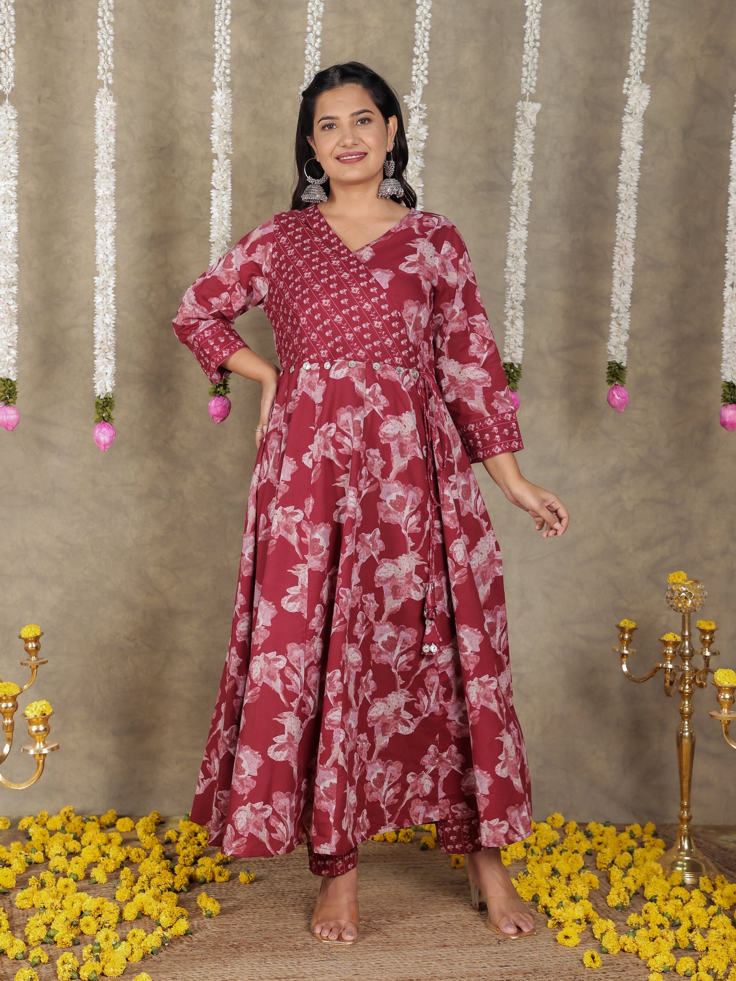 Soft Cotton Floral Angrakha Red Kurta
