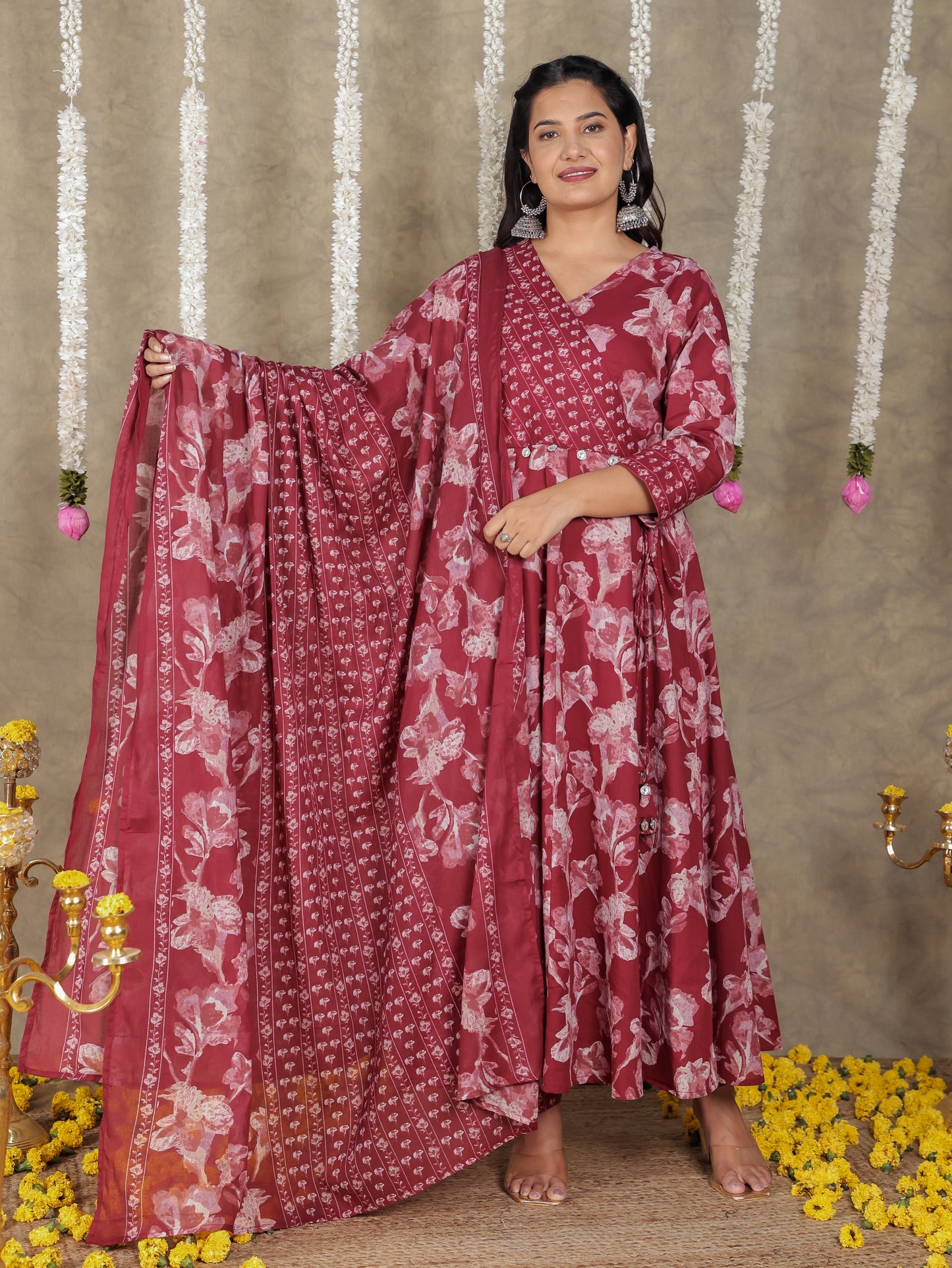 Soft Cotton Floral Angrakha Red Kurta