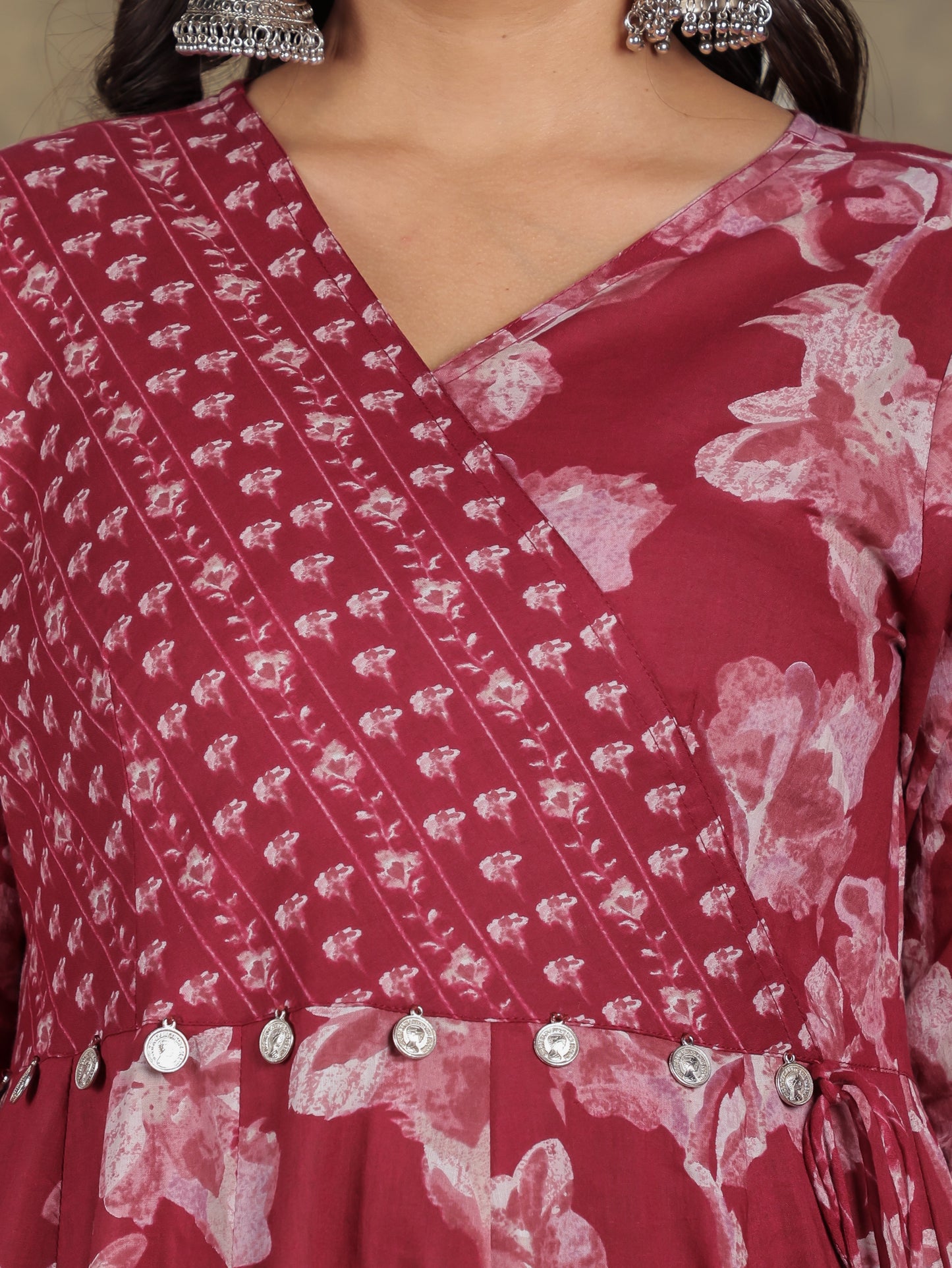 Soft Cotton Floral Angrakha Red Kurta