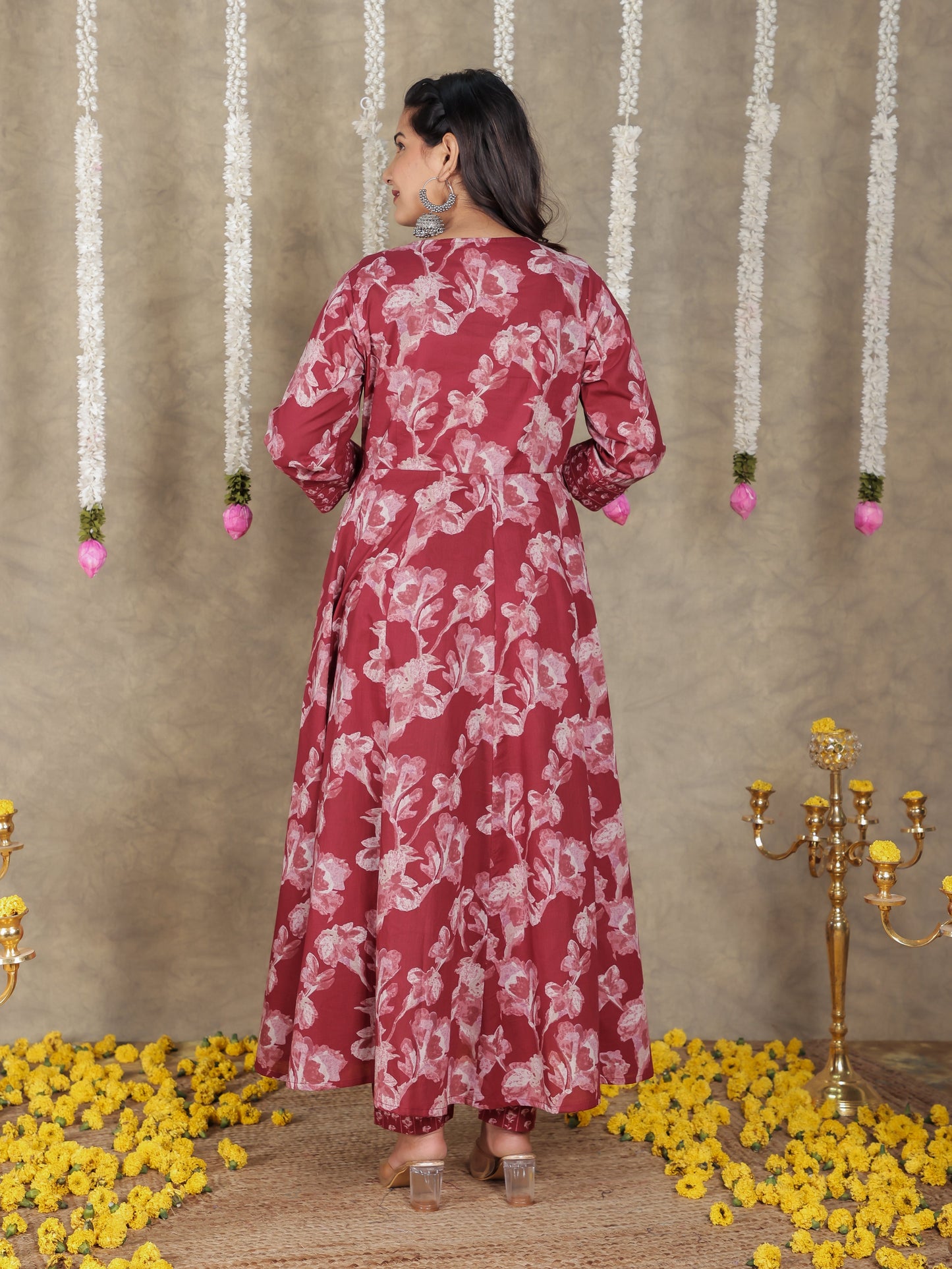 Soft Cotton Floral Angrakha Red Kurta