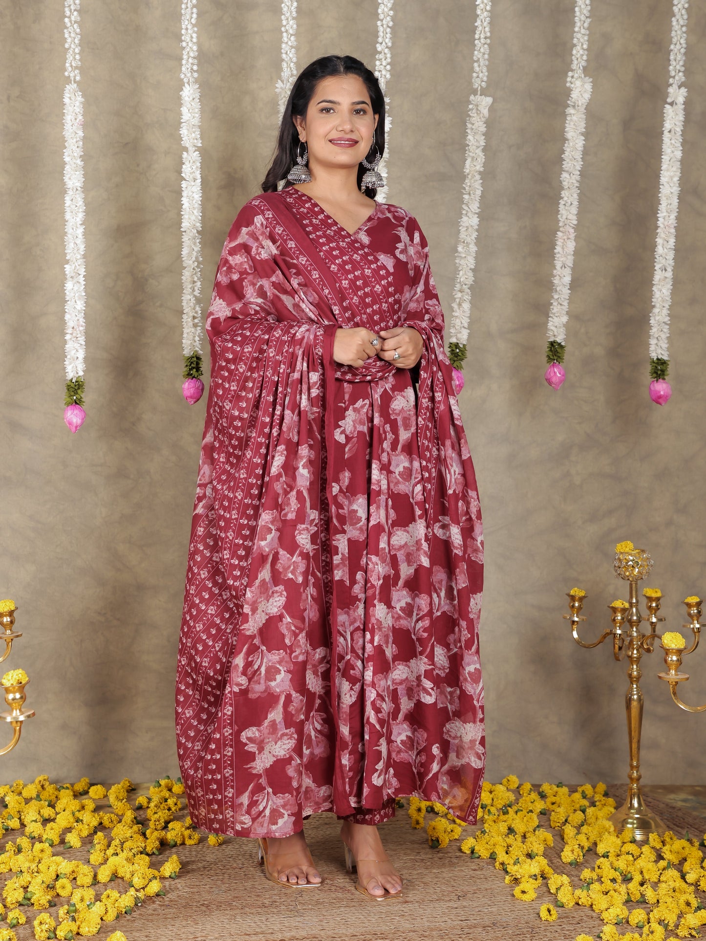 Soft Cotton Floral Angrakha Red Kurta
