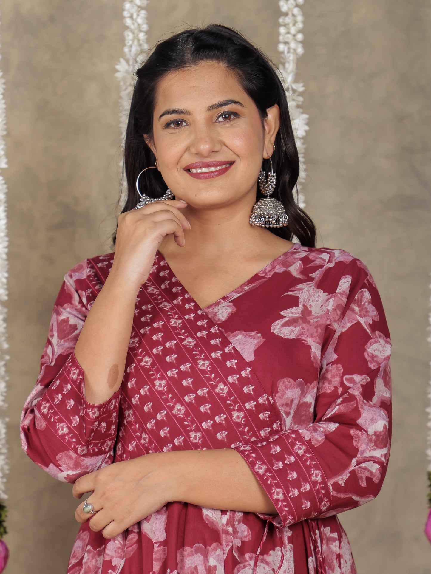Soft Cotton Floral Angrakha Red Kurta