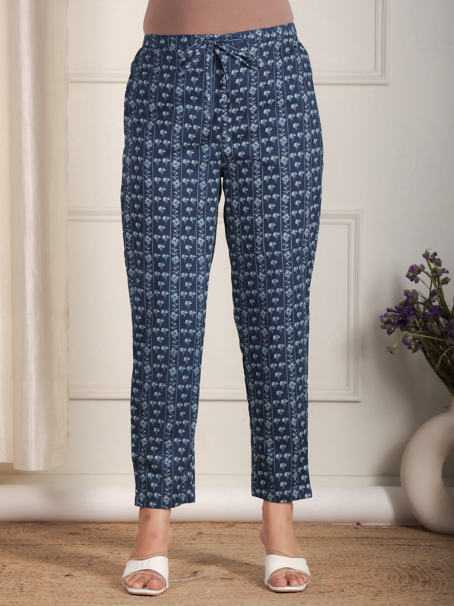 Soft Cotton Floral Blue Tapered Trousers