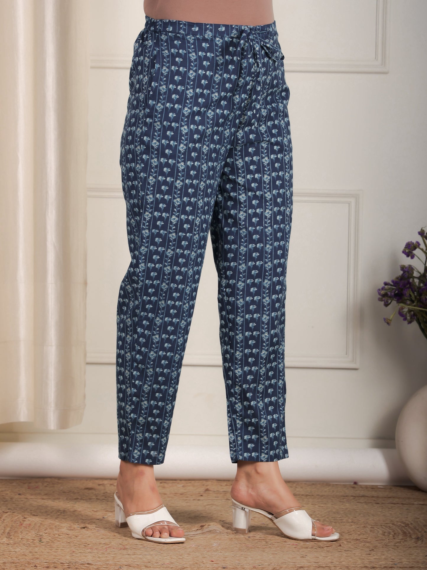 Soft Cotton Floral Blue Tapered Trousers