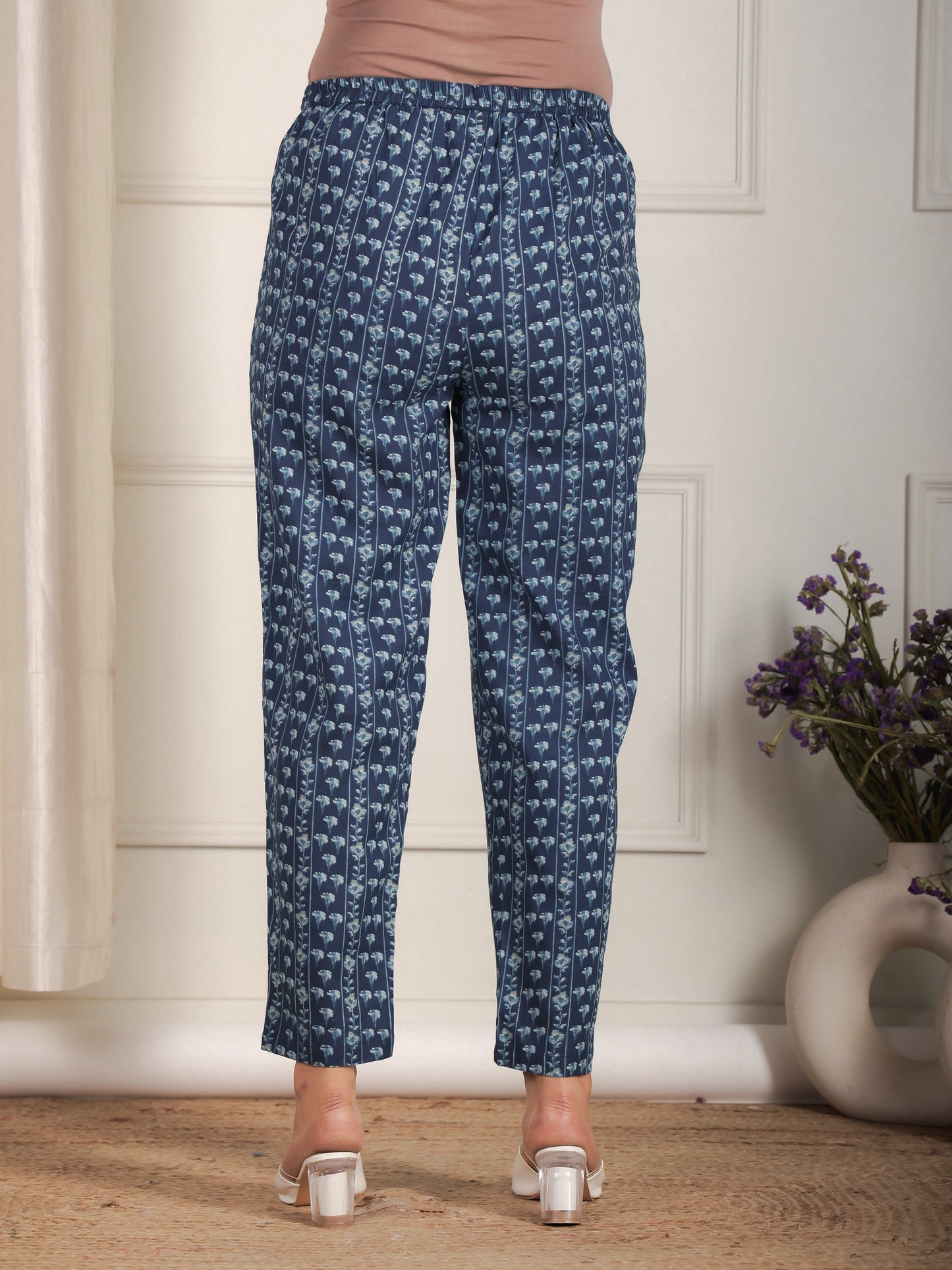 Soft Cotton Floral Blue Tapered Trousers