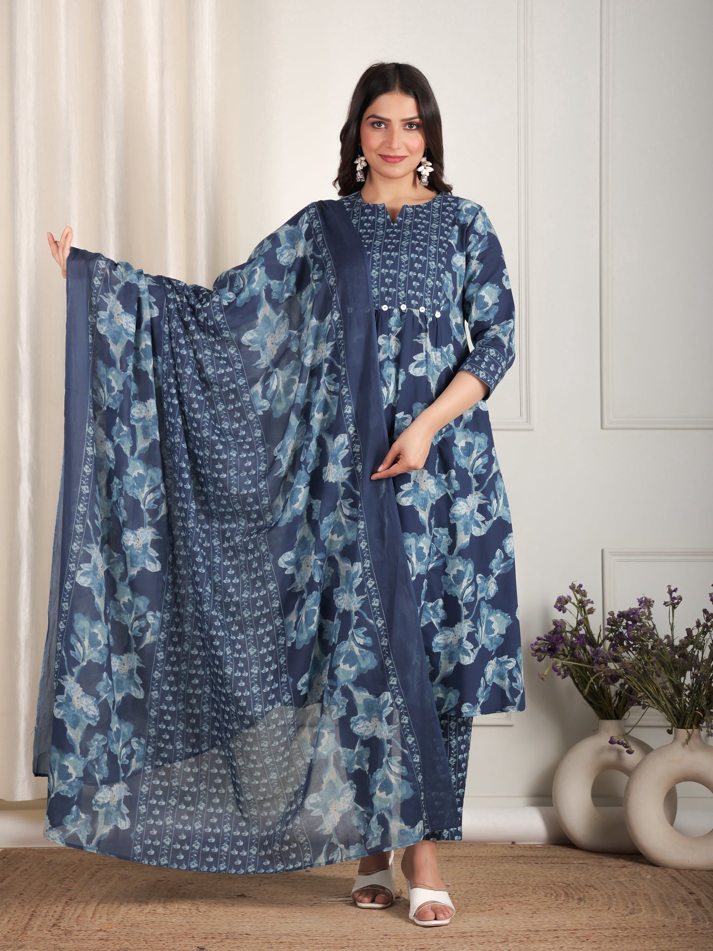 Cotton Voile Floral Blue Dupatta