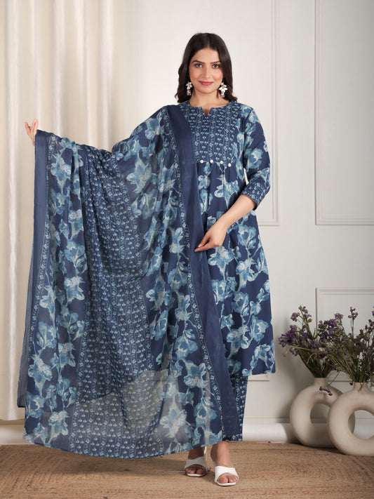 Cotton Voile Floral Blue Dupatta