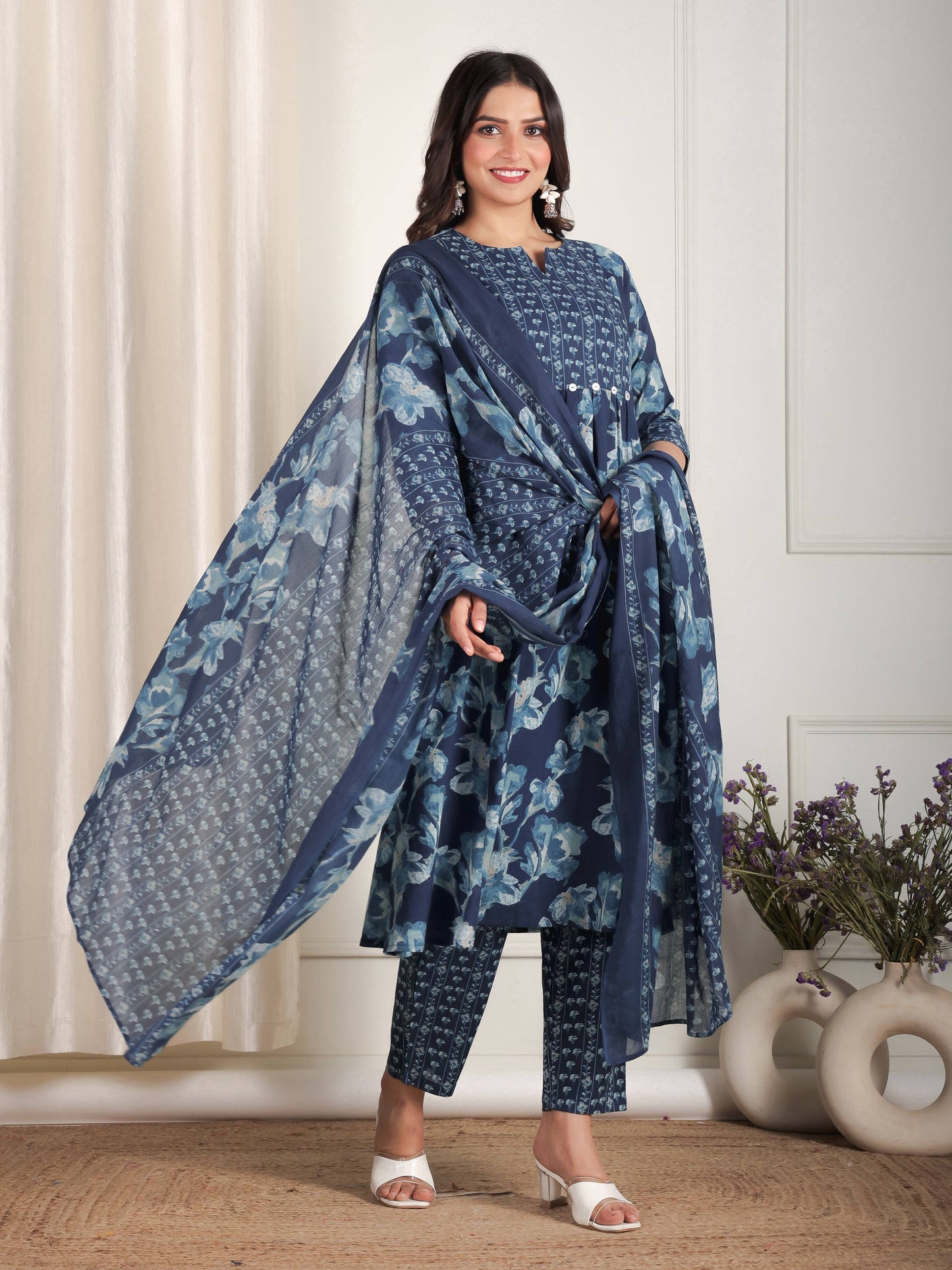 Cotton Voile Floral Blue Dupatta