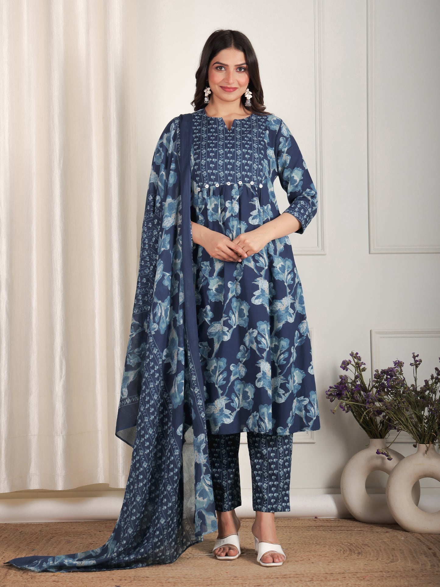 Cotton Voile Floral Blue Dupatta