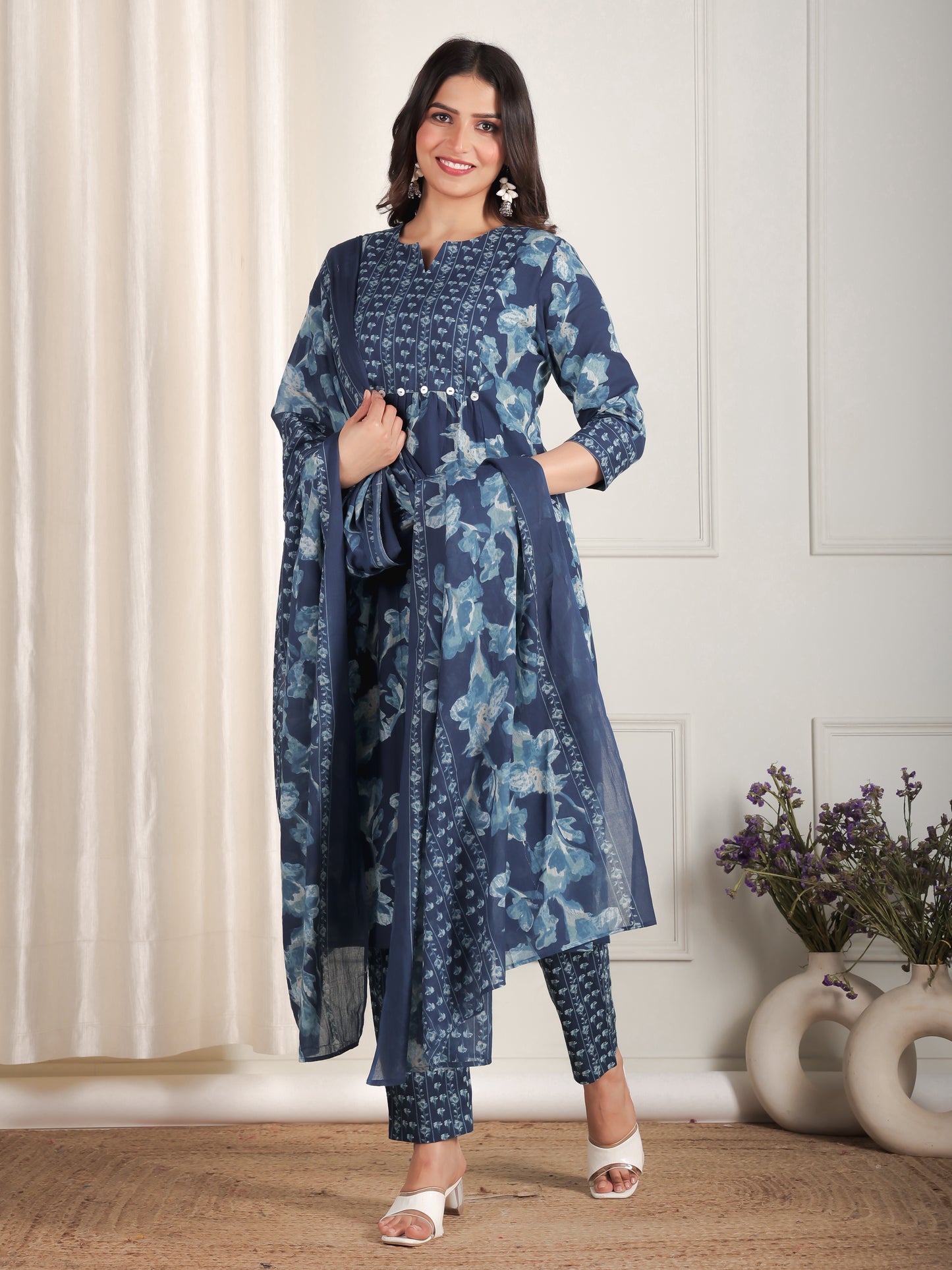 Cotton Voile Floral Blue Dupatta