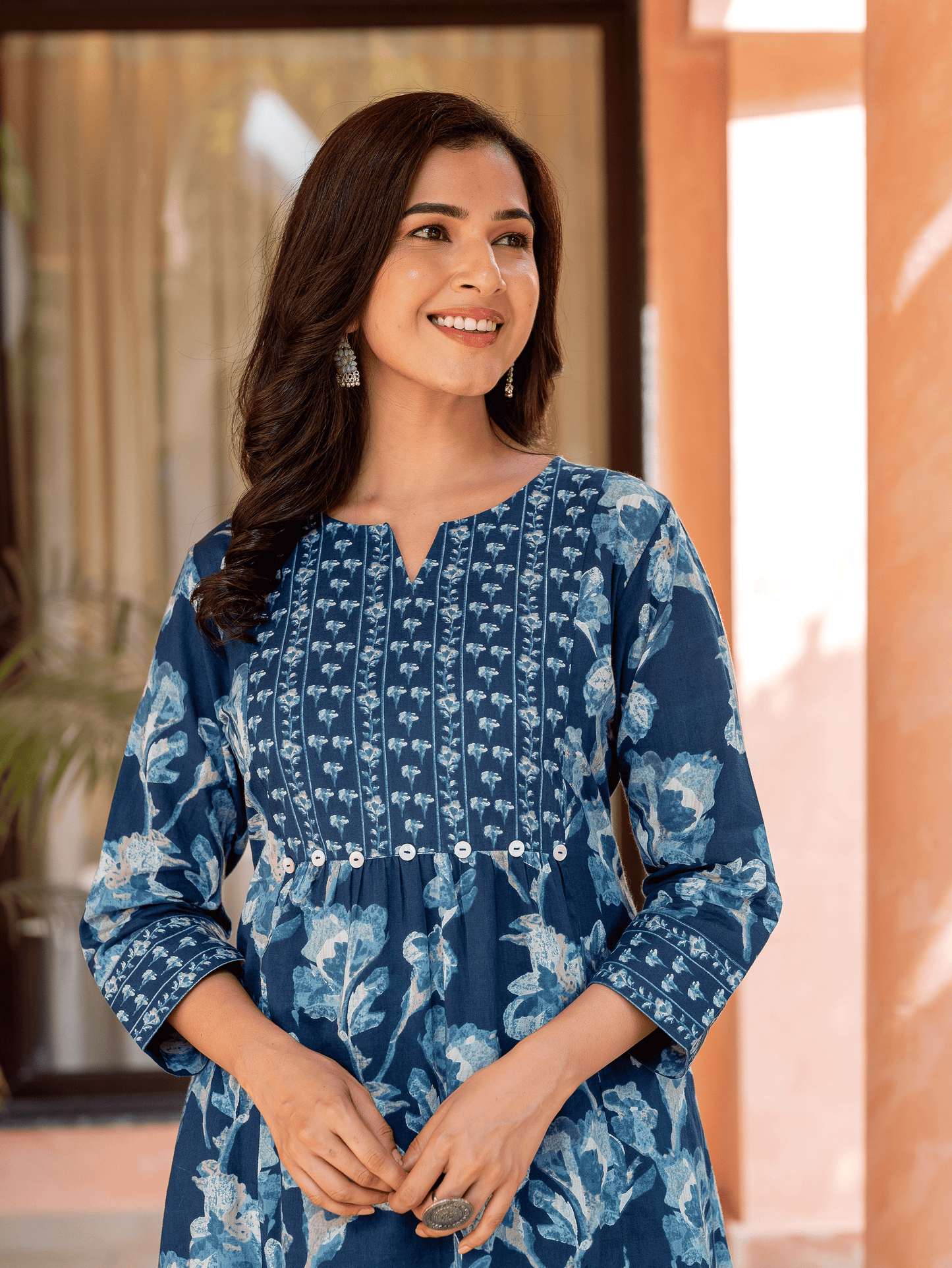 Soft Cotton Floral Panelled Blue Kurta