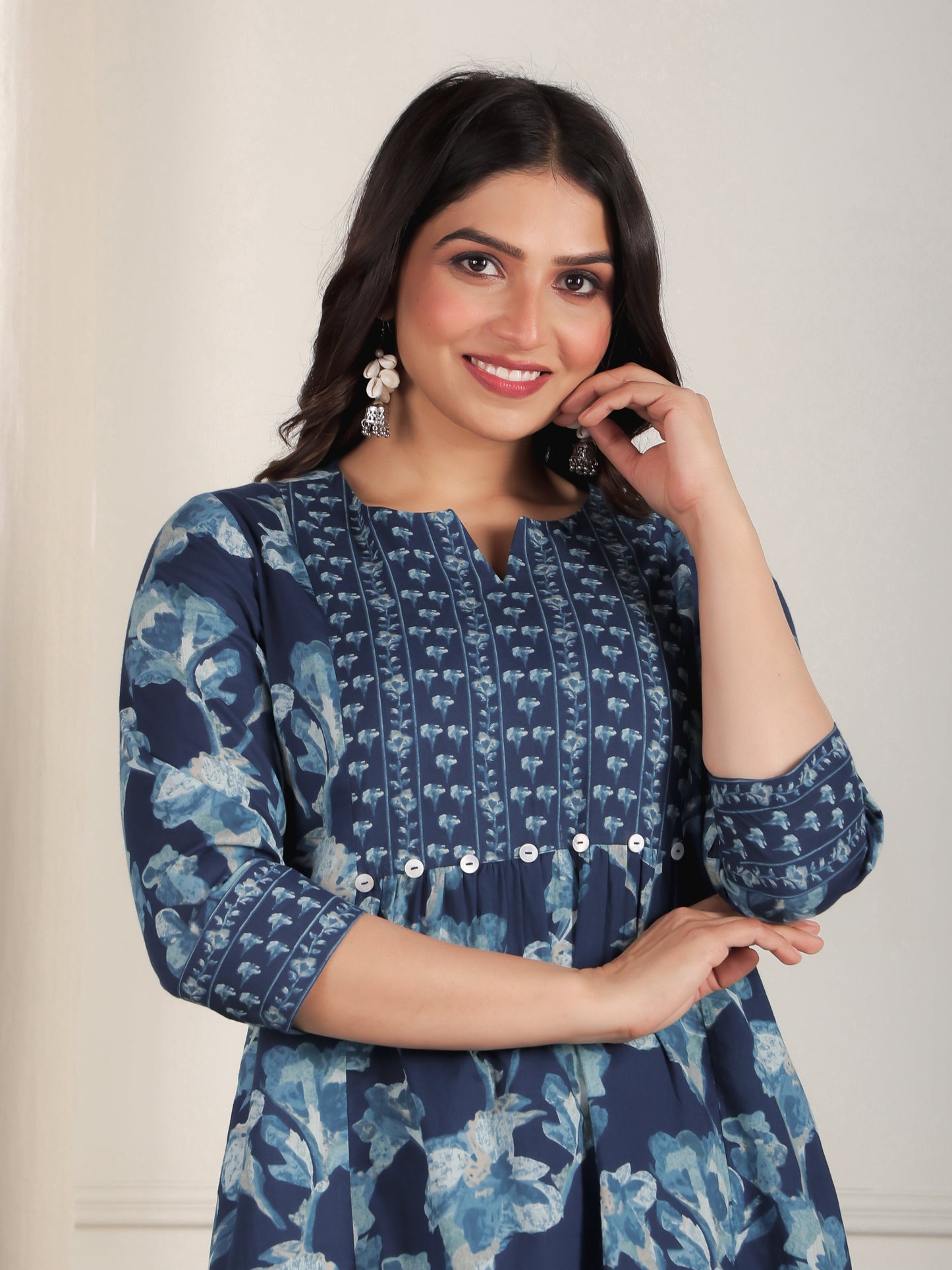 Soft Cotton Floral Panelled Blue Kurta