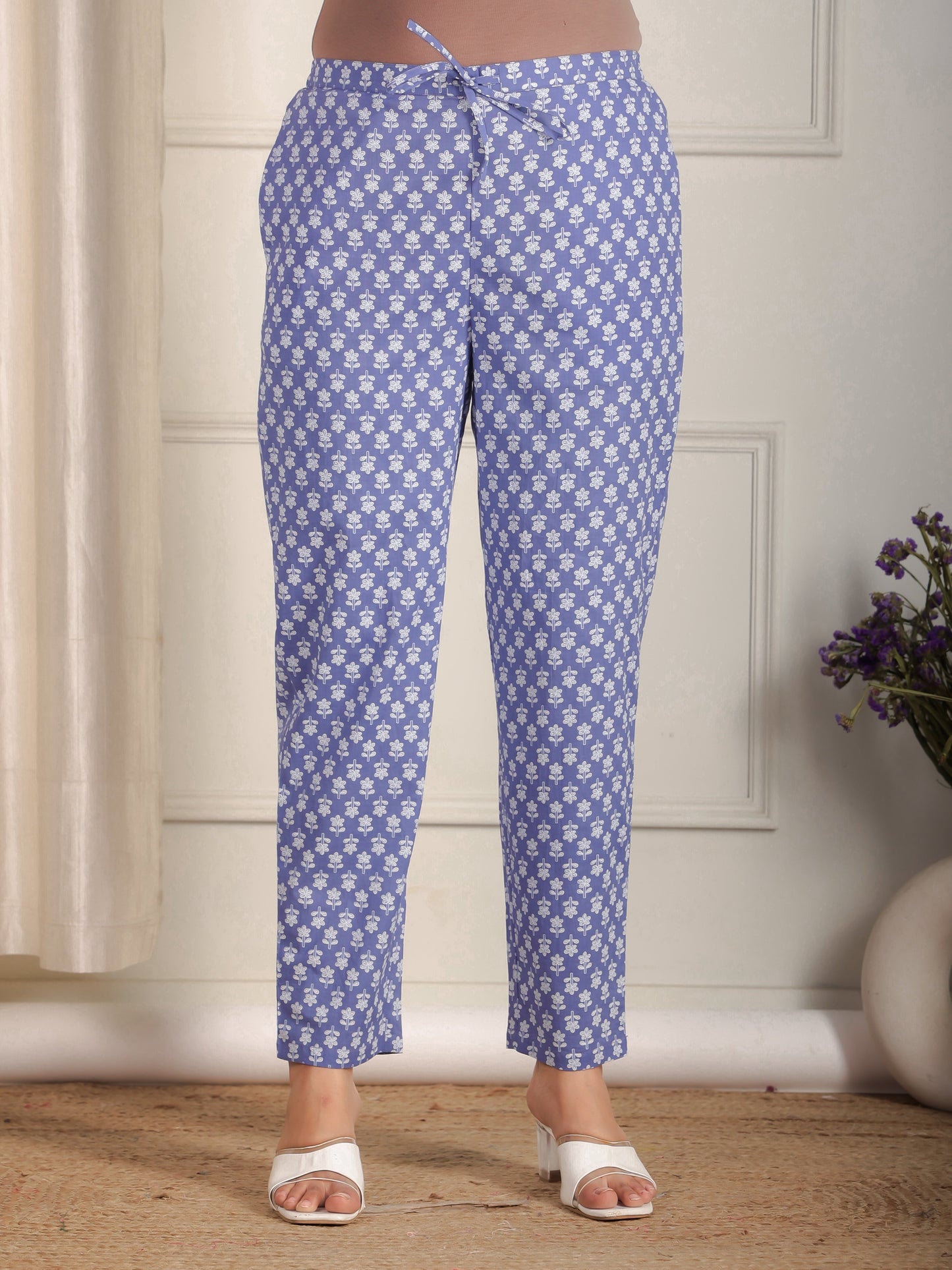 Soft Cotton Floral Purple Tapered Trousers