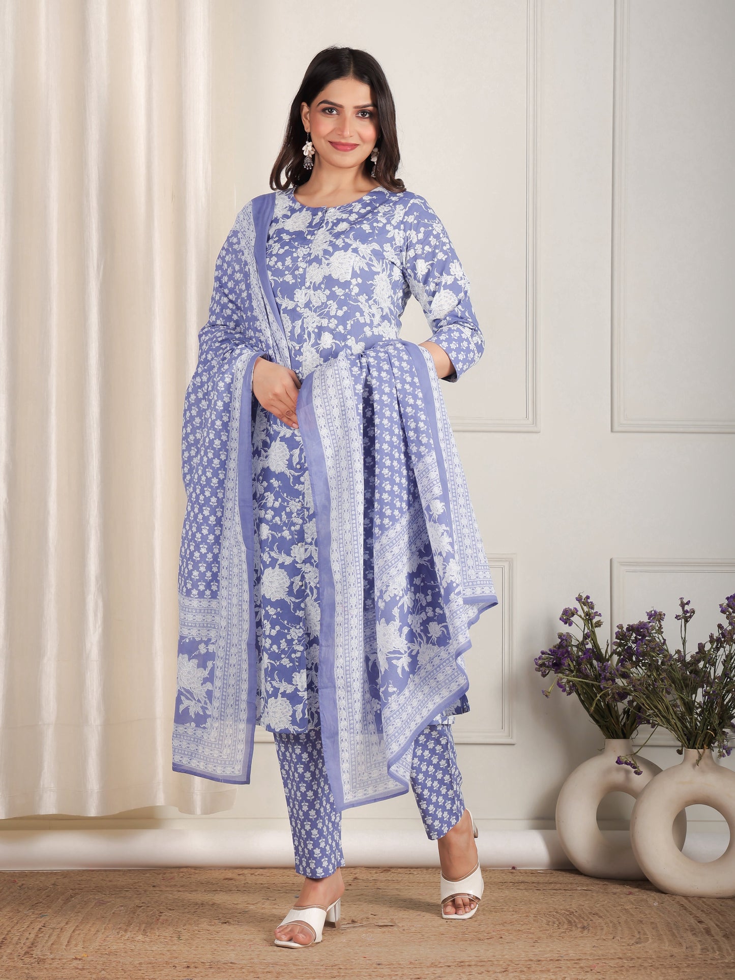 Soft Cotton Floral Flared Purple Kurta