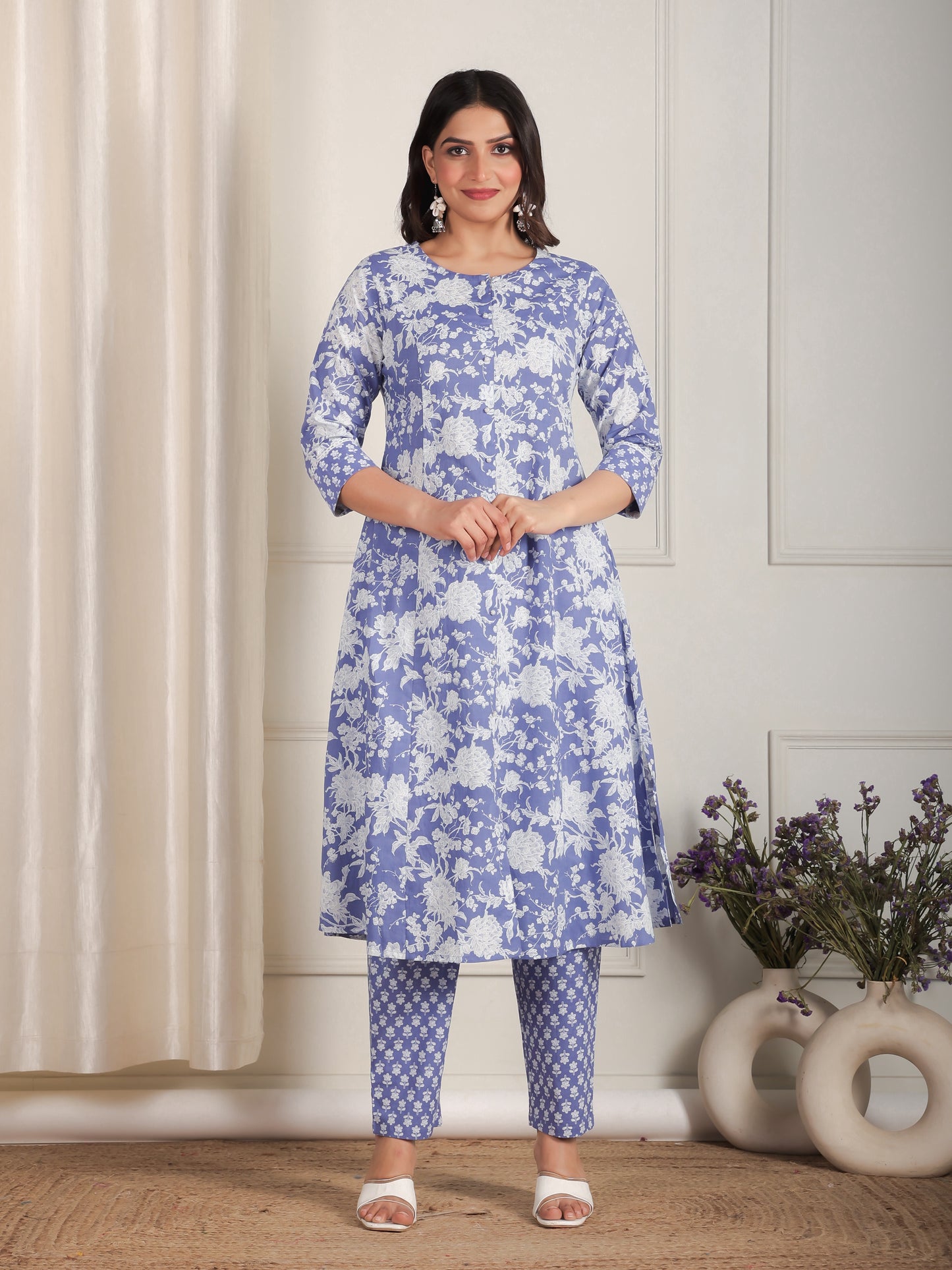 Soft Cotton Floral Flared Purple Kurta