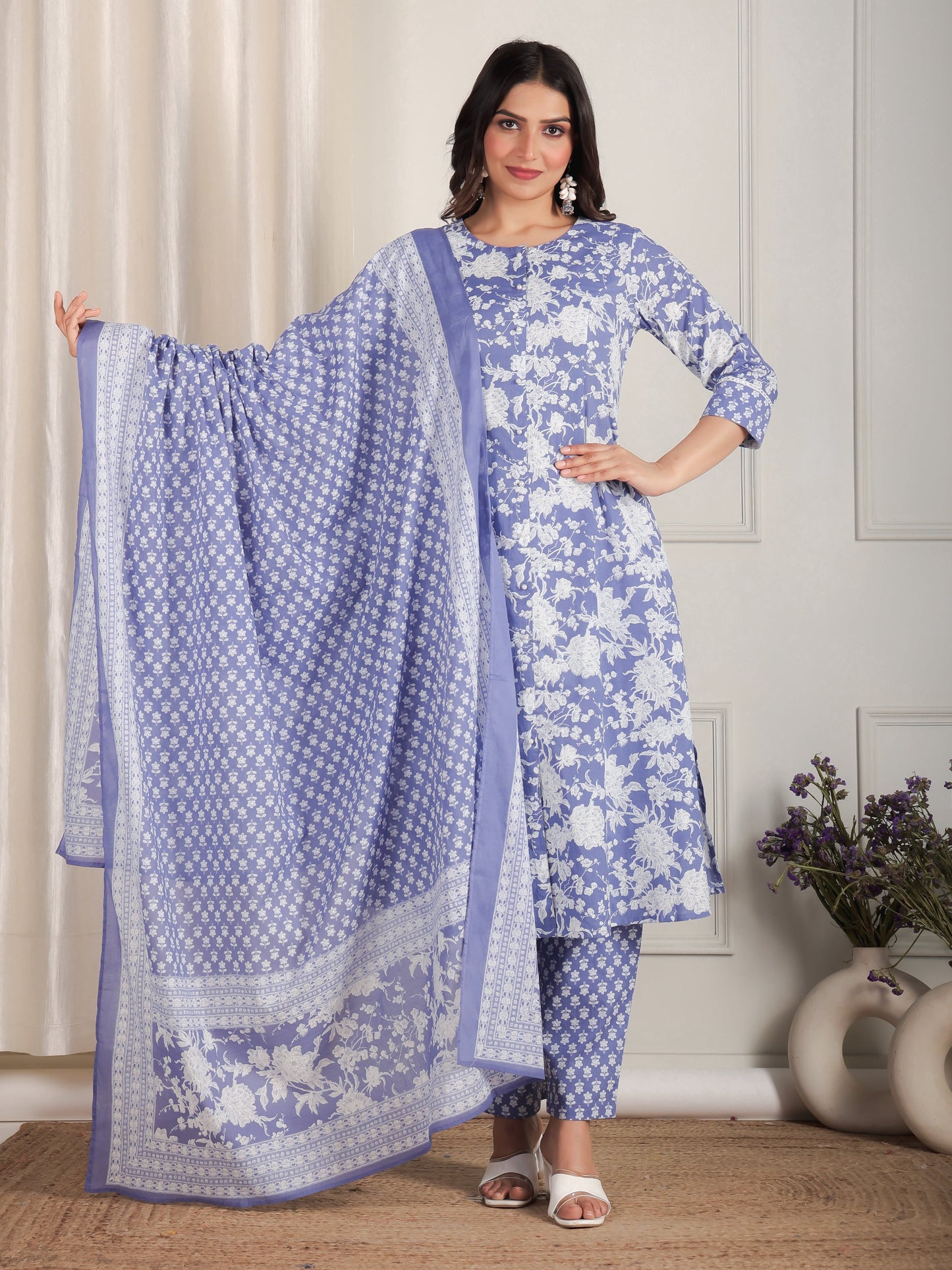 Soft Cotton Floral Flared Purple Kurta