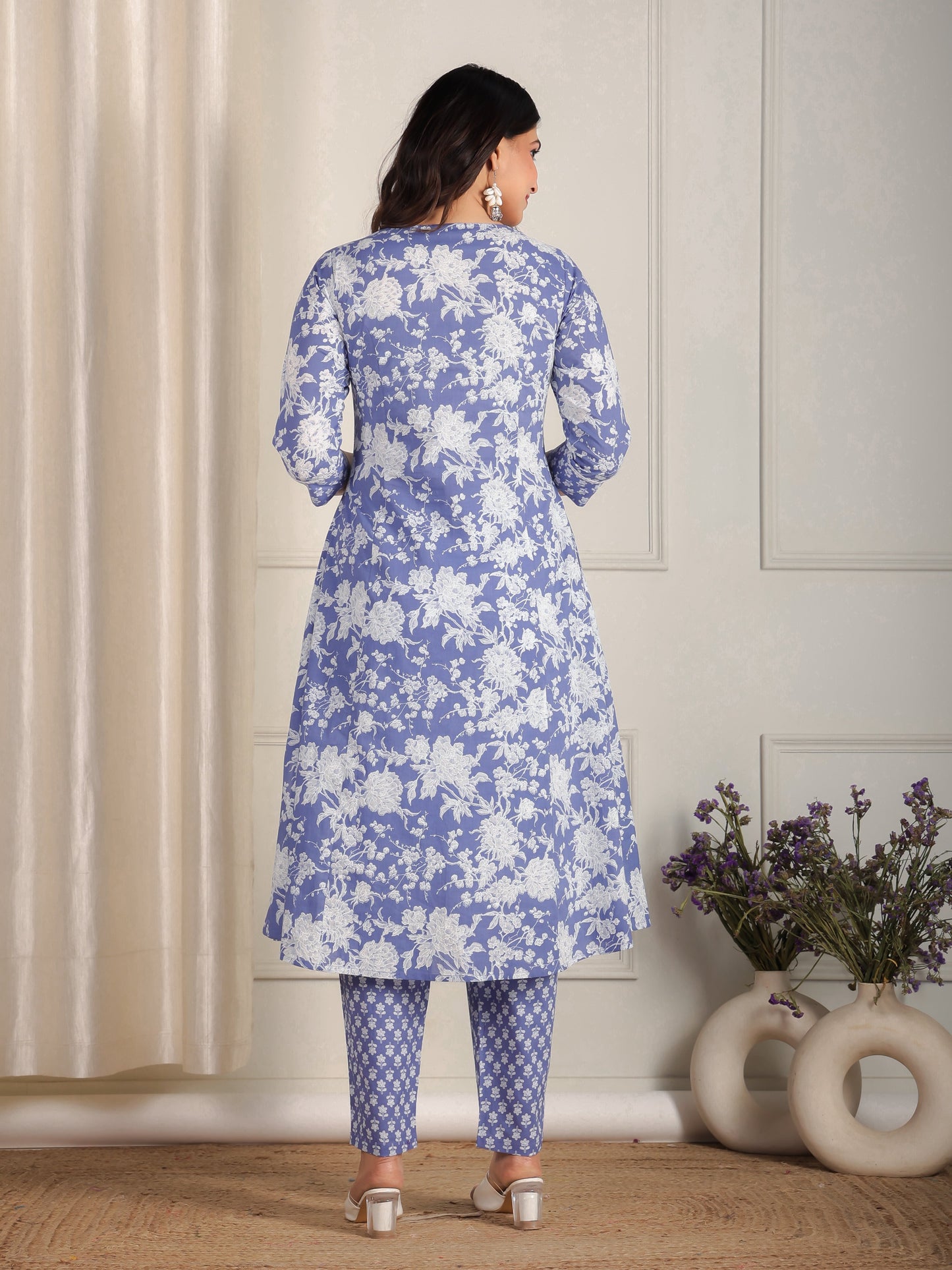 Soft Cotton Floral Flared Purple Kurta