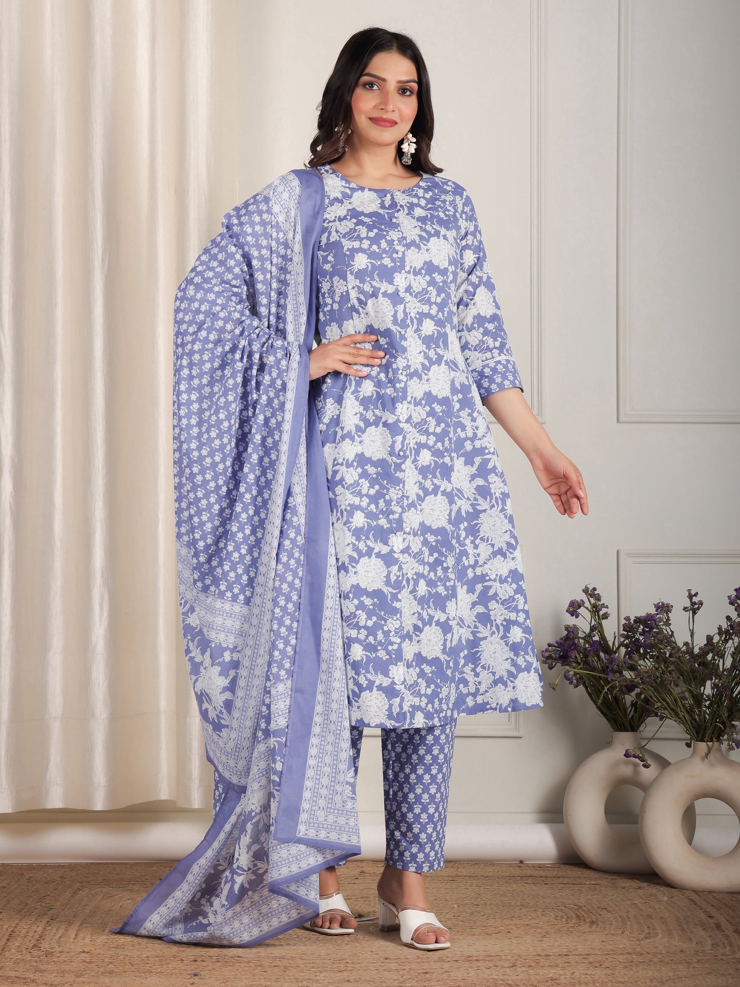 Soft Cotton Floral Flared Purple Kurta