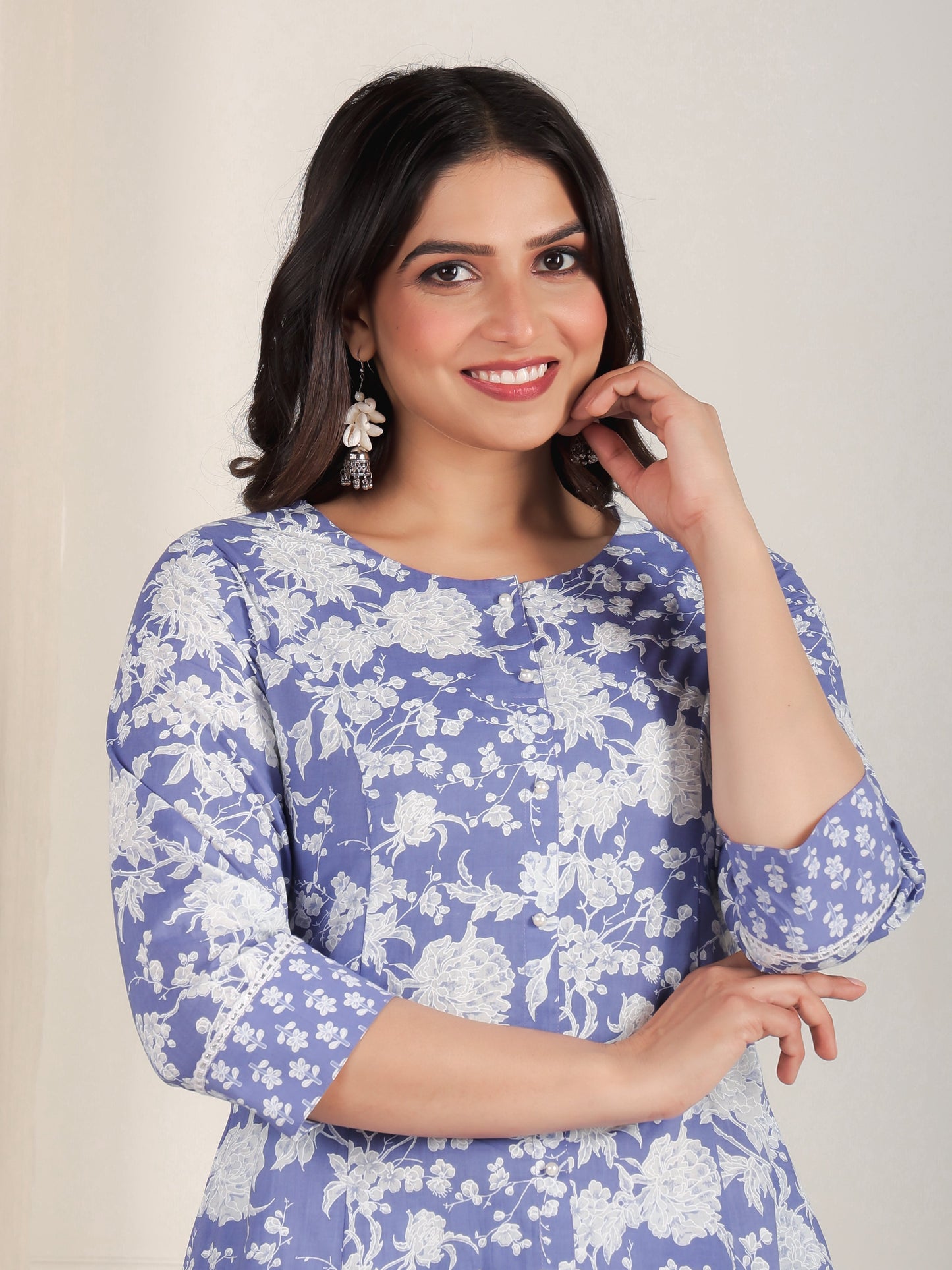 Soft Cotton Floral Flared Purple Kurta